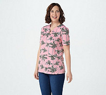  Denim & Co. Printed Jersey V-Neck Short Sleeve Top with Ring Trim - A379753