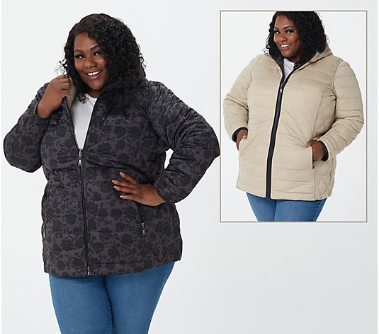Nuage Stretch Reversible Printed Quilted Puffer Coat with Hood