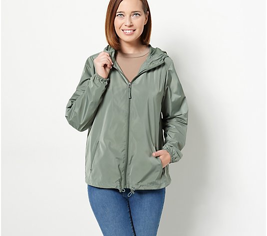 Centigrade Water Resistant Packable Hooded Zip Front Rain Jacket