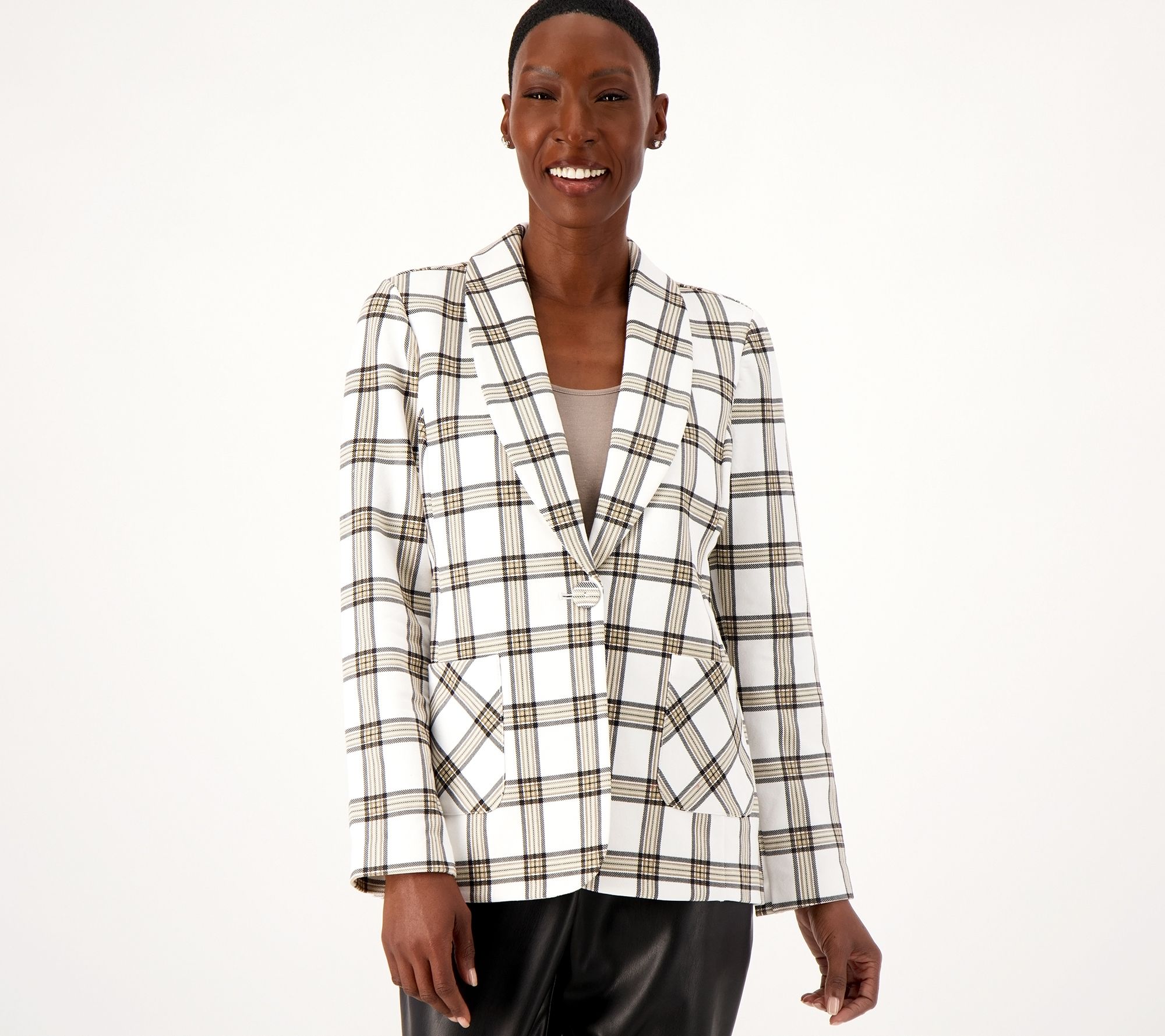 Susan Graver Weekend Printed Plaid French Knit Shawl Collar Blazer