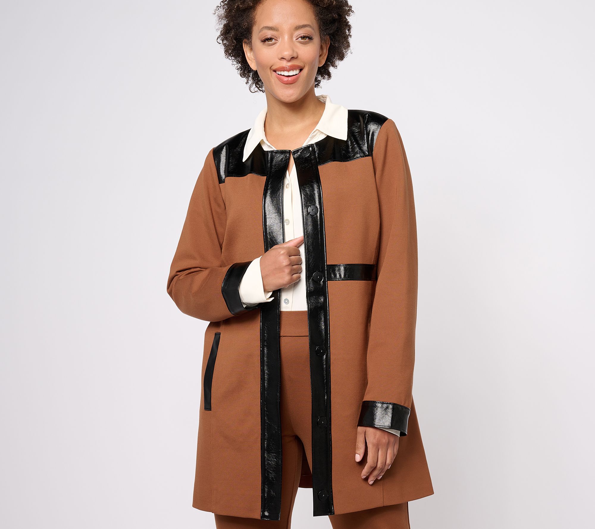 Dennis Basso Ponte Topper with Patent Textured Faux Leather Trim