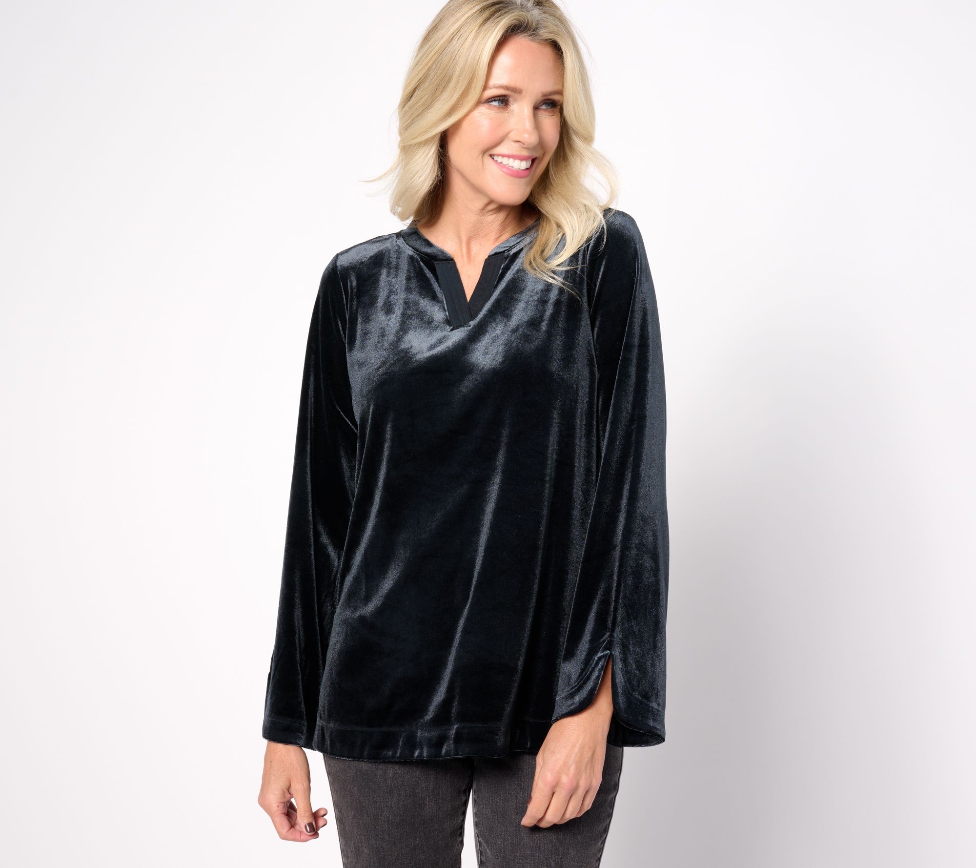 LOGO by Lori Goldstein Knit Velvet Split Neck Pullover Top