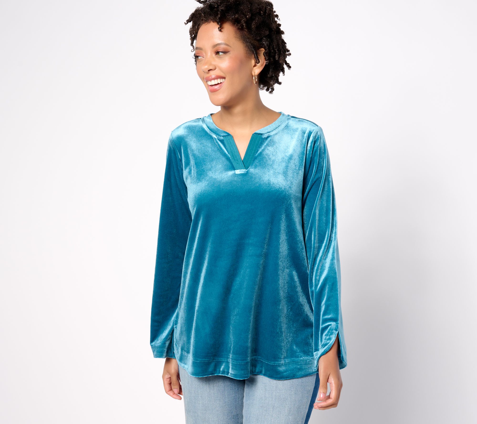 LOGO by Lori Goldstein Knit Velvet Split Neck Pullover Top