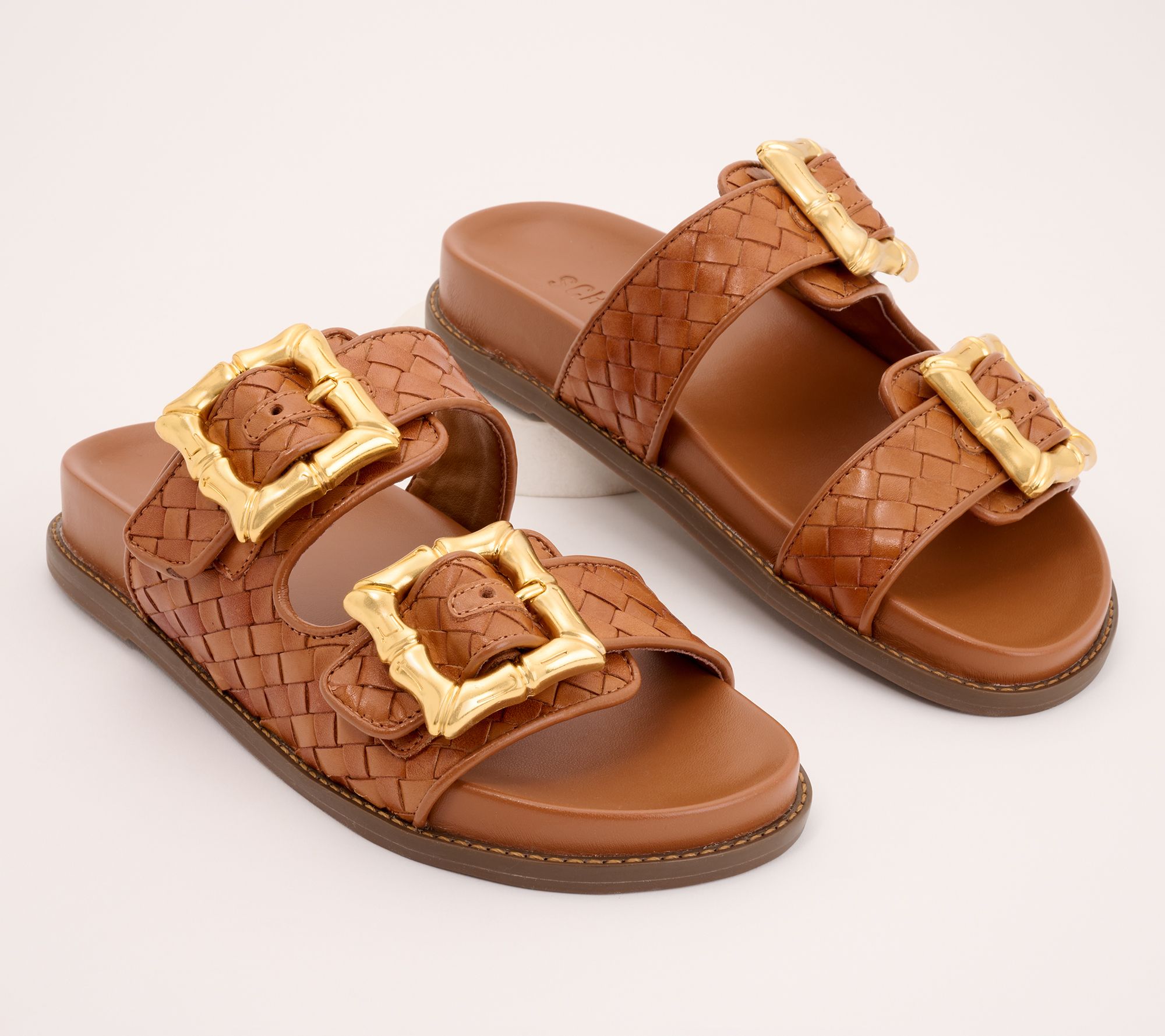 Schutz Leather Buckle Slide Sandals - Enola Woven 