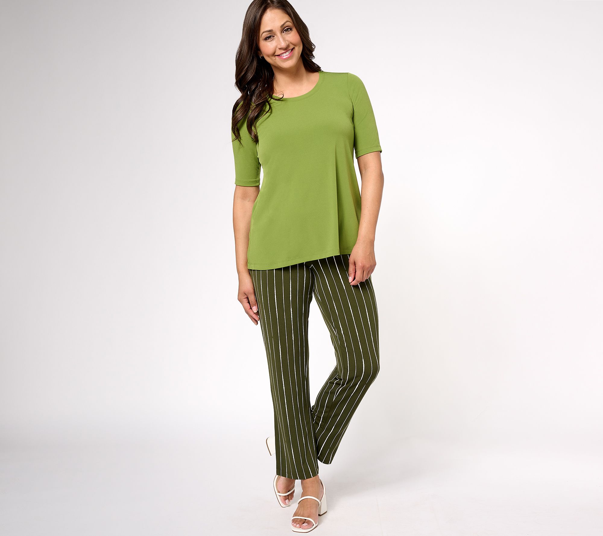 "As Is" Susan Graver Liquid Knit Pet A-Line Top and Printed Ankle Pants Set