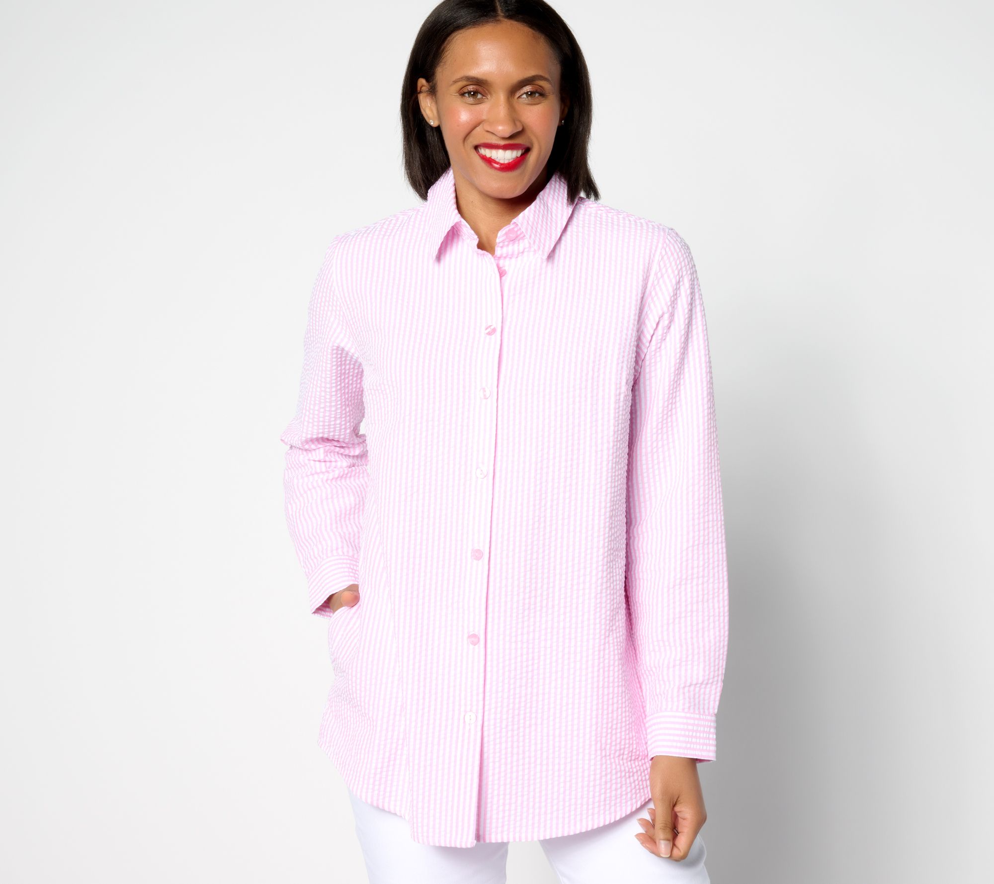 Joan Rivers Petite Seersucker Button Front Shirt - QVC.com