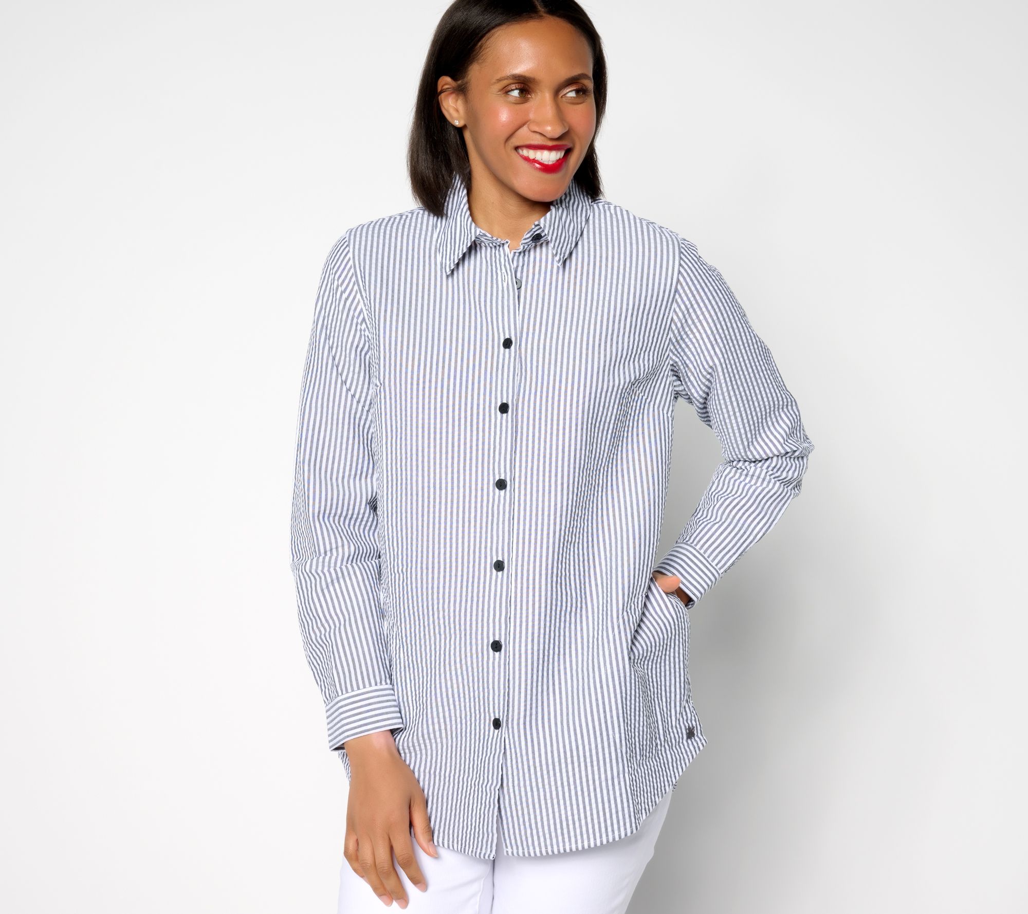 【THE MOZZ】Pia Seersucker Button One Piece Joan Rivers Petite Seersucker Button Front Shirt - QVC.com