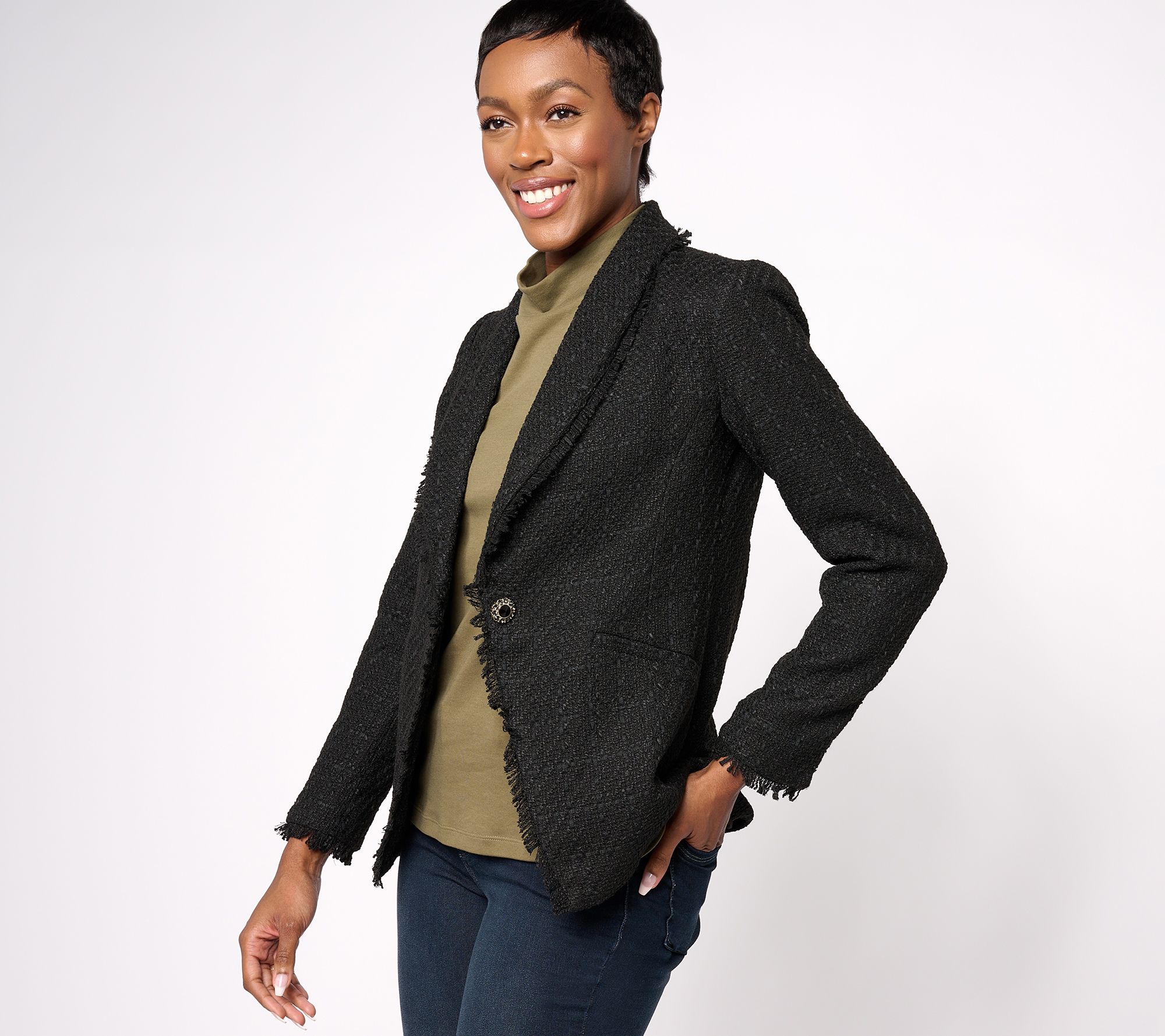 "As Is" GRAVER Susan Graver Regular Tweed Blazer with Fray Detail