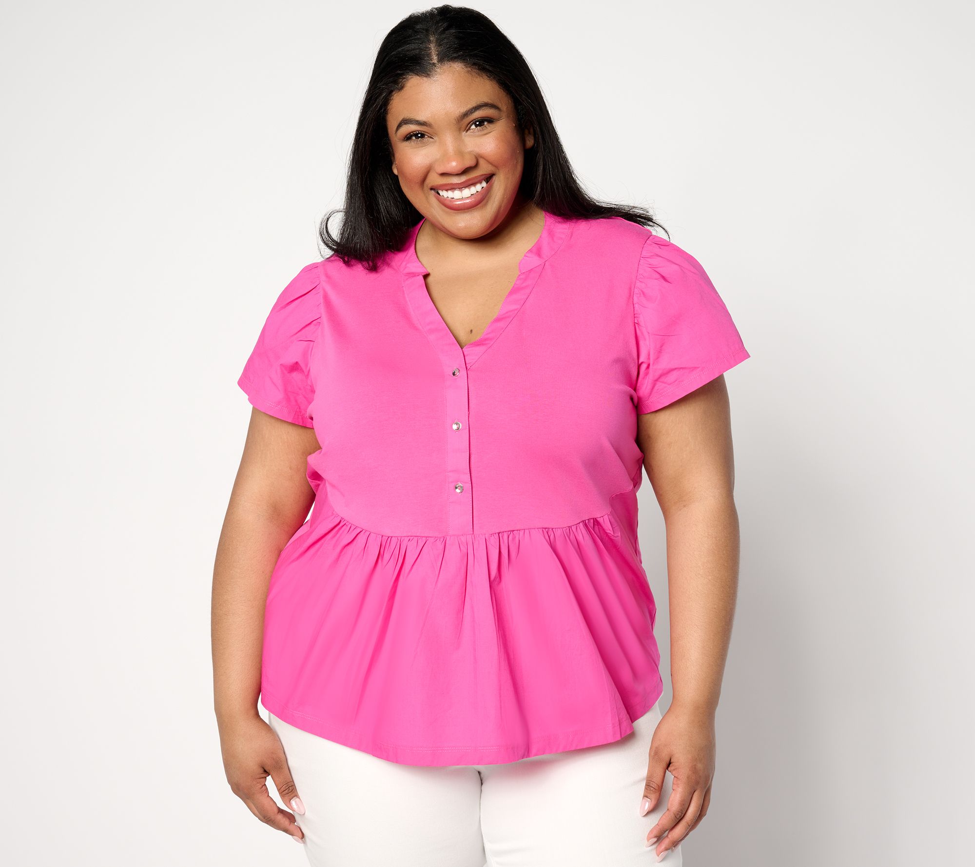 AnyBody Flutter Sleeve Knit & Woven Henley Top - QVC.com