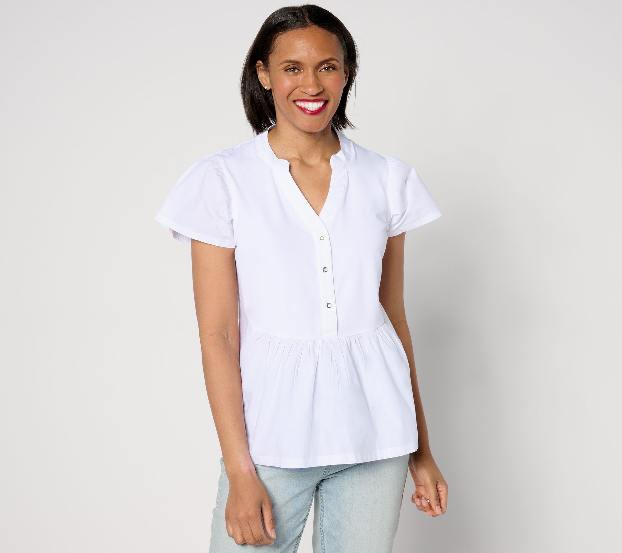 AnyBody Flutter Sleeve Knit & Woven Henley Top