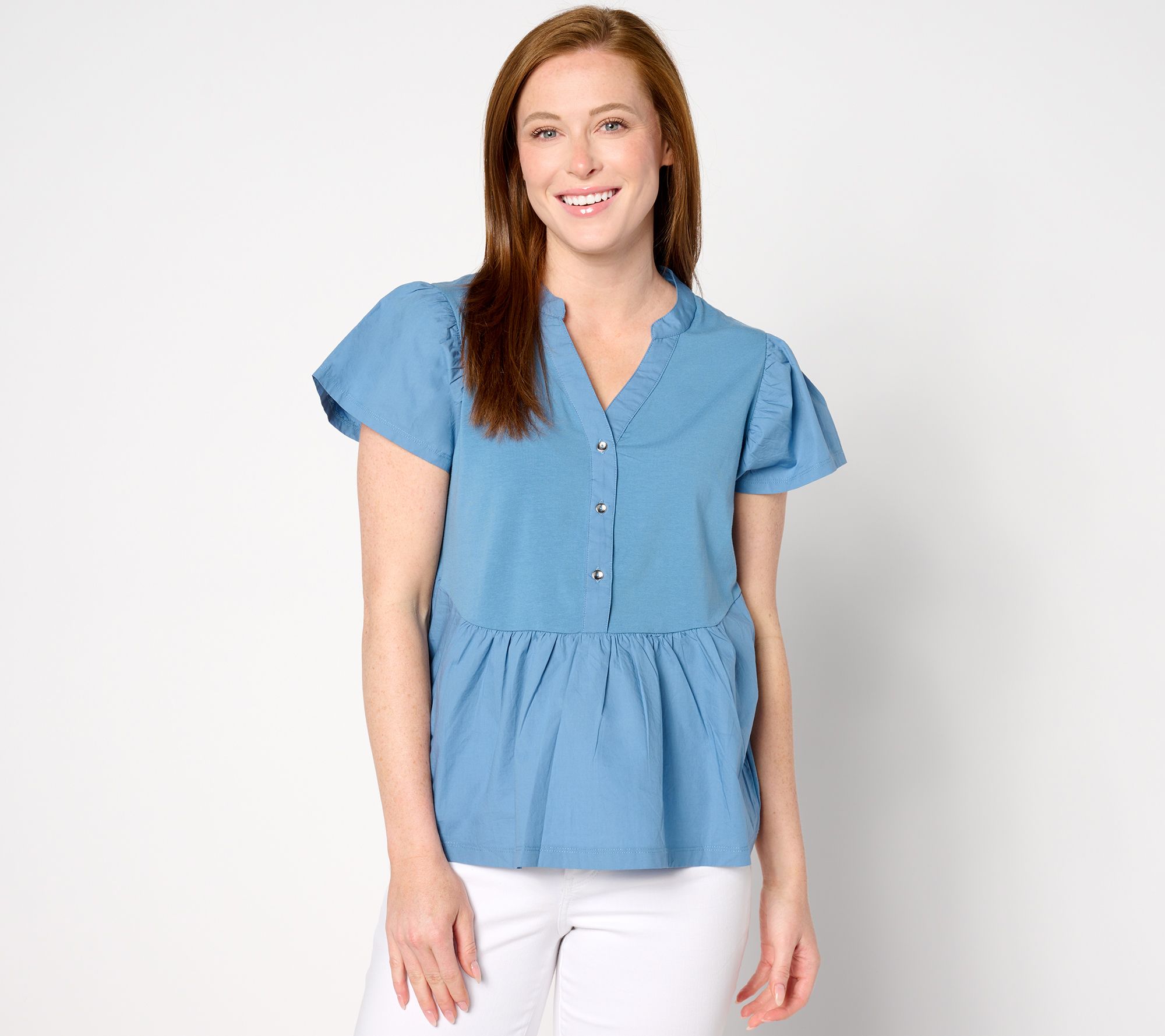 AnyBody Flutter Sleeve Knit & Woven Henley Top