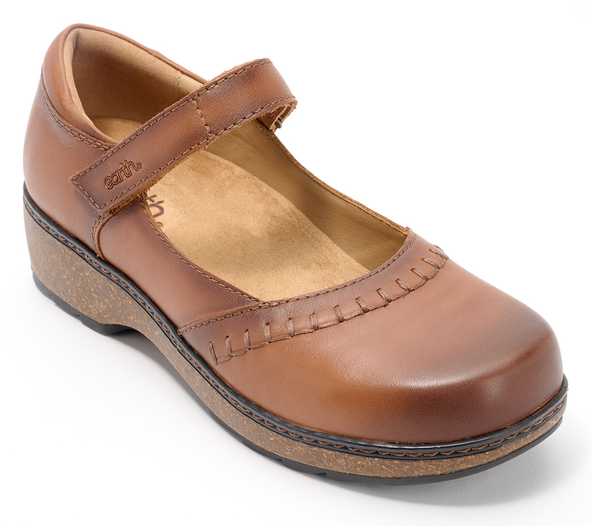 Earth_Leather Mary-Janes with Stitching Detail - Kalece