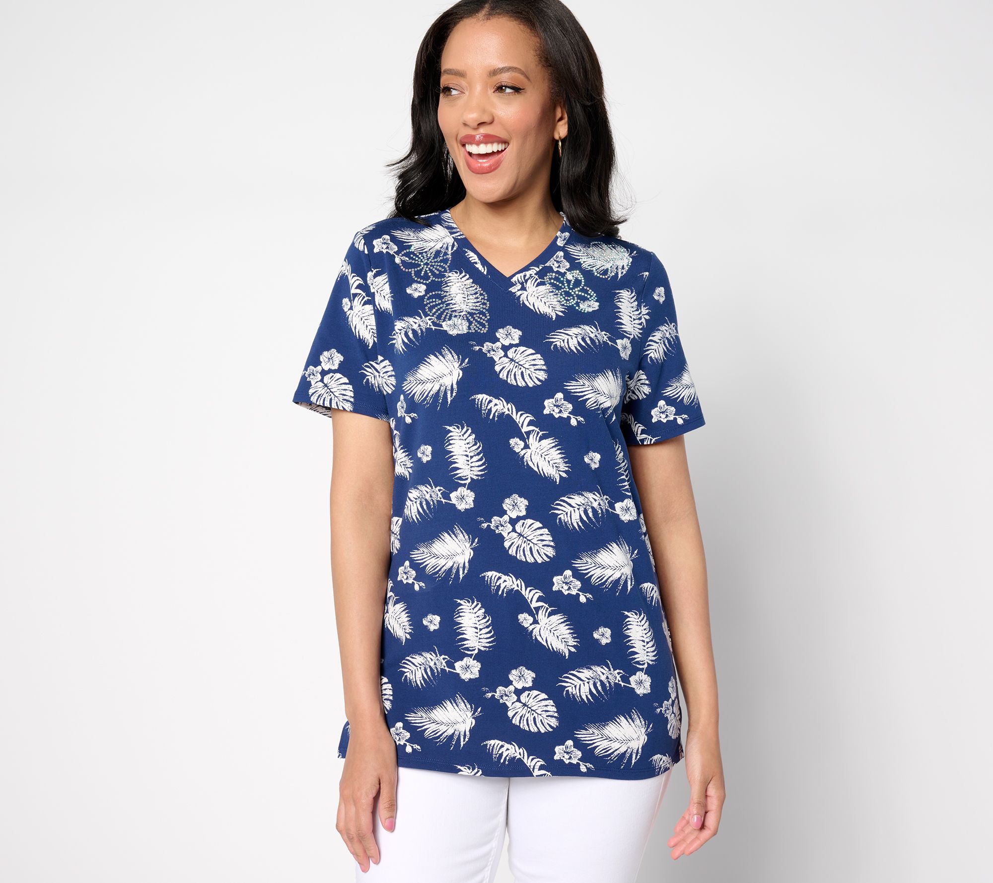 "As Is" Quacker Factory Printed Palm Short Sleeve Top