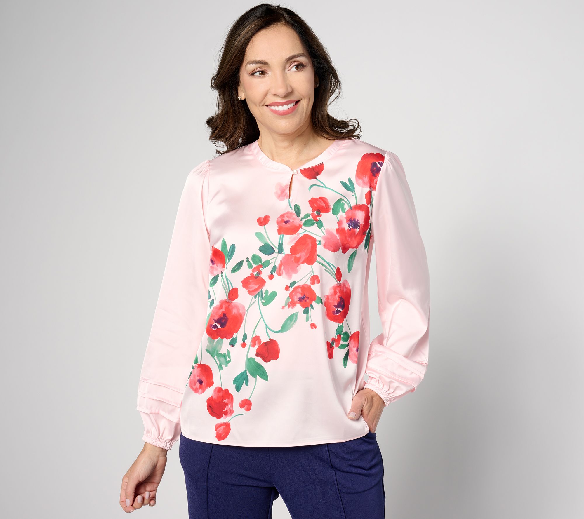 "As Is" Isaac Mizrahi Live! Floral Stretch Charmeuse Blouse