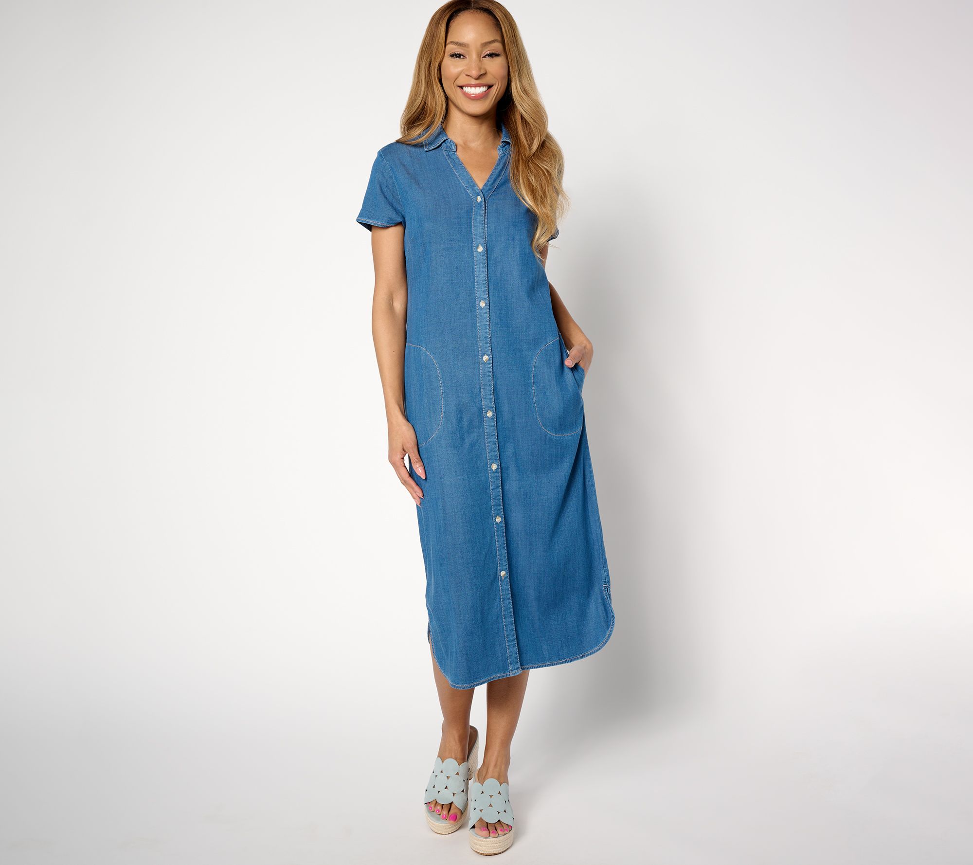 "As Is" Susan Graver Petite Chambray Midi Shirt Dress