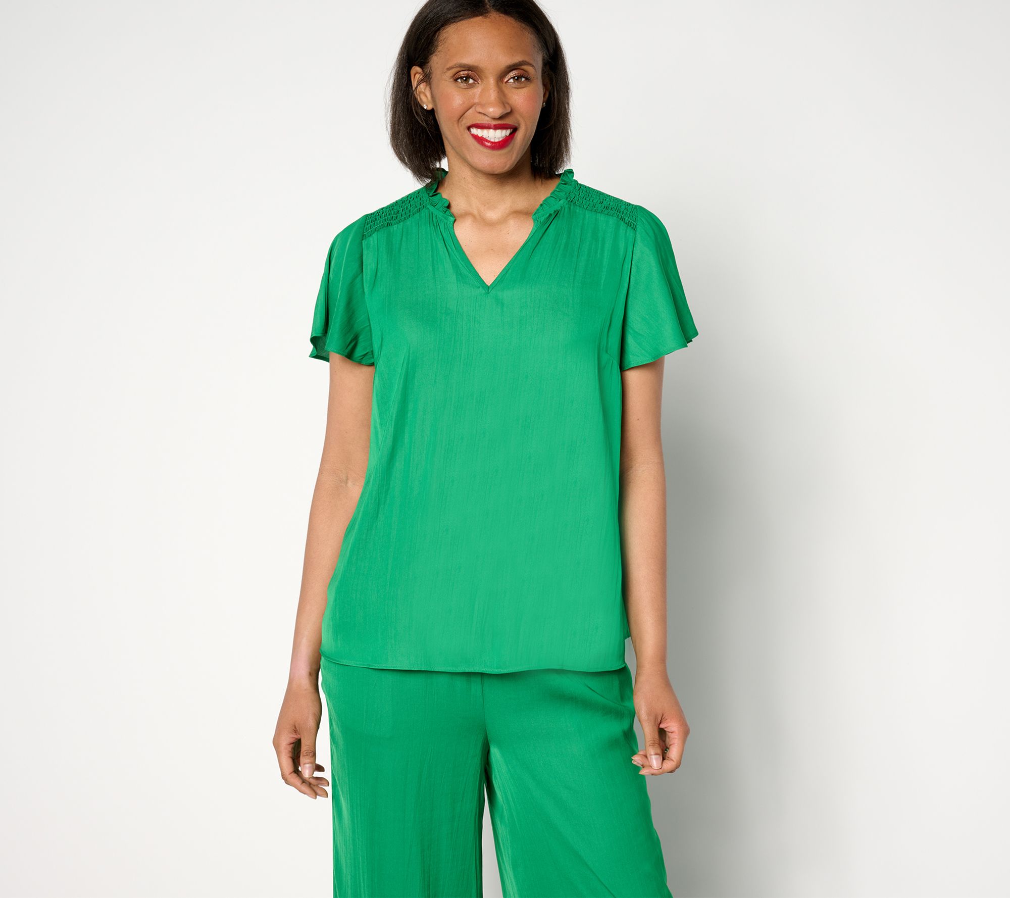 "As Is" Isaac Mizrahi Live! Crinkle Satin Blouse with Smocking Detail