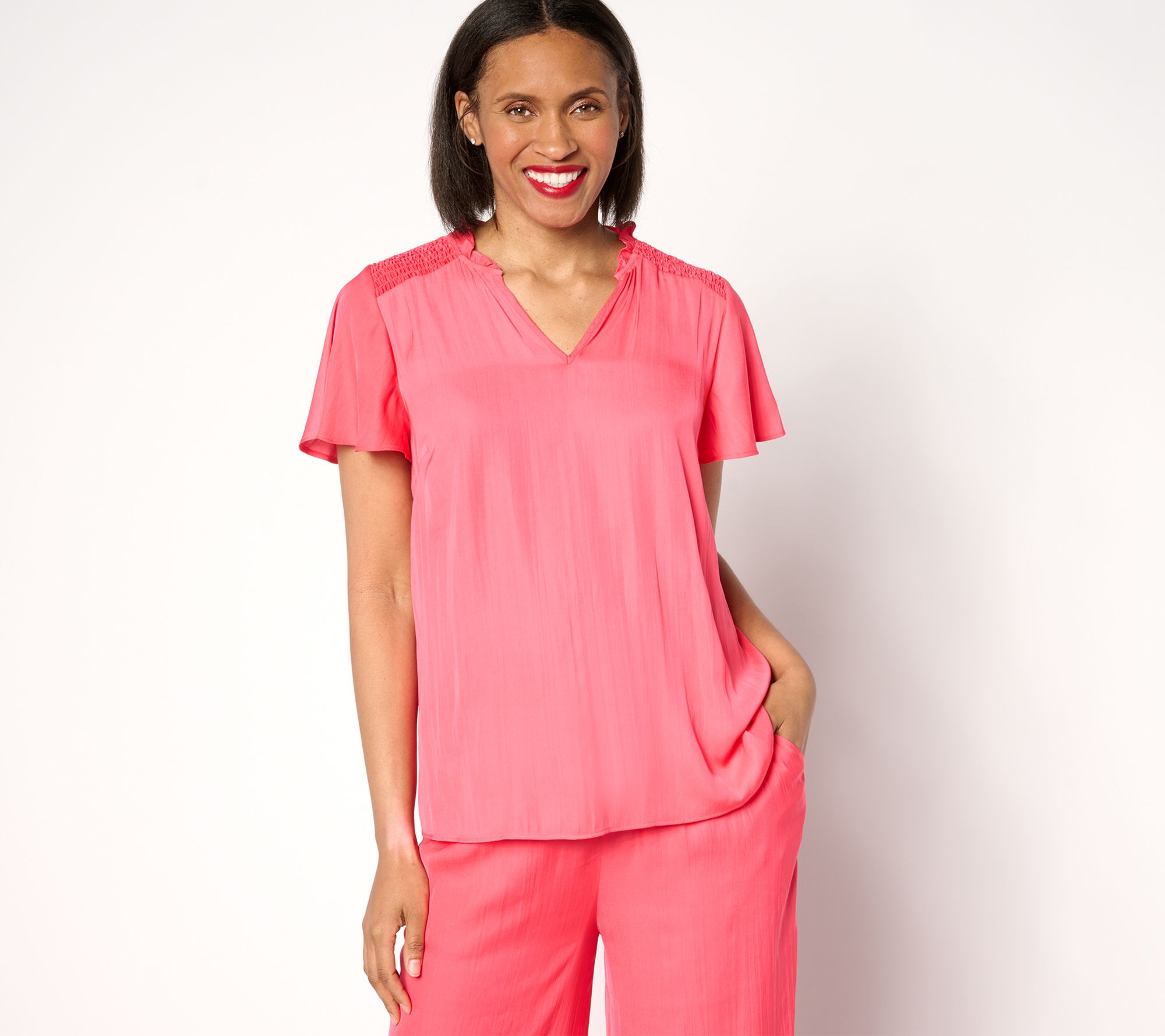 "As Is" Isaac Mizrahi Live! Crinkle Satin Blouse with Smocking Detail