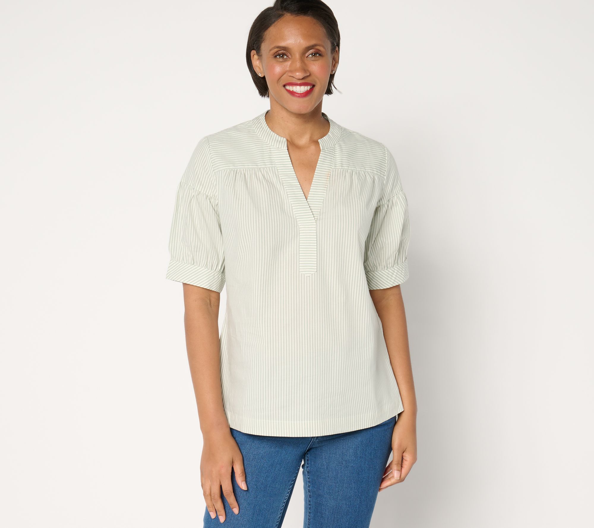 Denim & Co. Poplin Yarn-Dye Elbow-Sleeve Woven Top