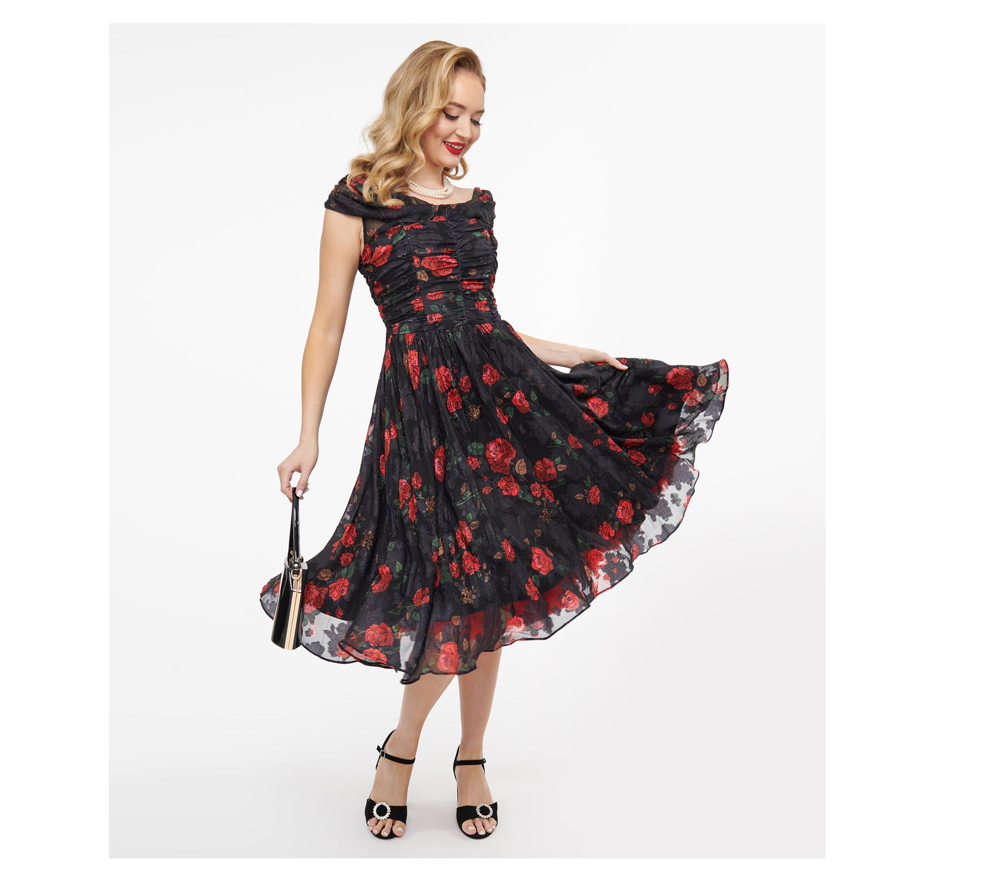 Unique Vintage Off the Shoulder Draped Swing Dress