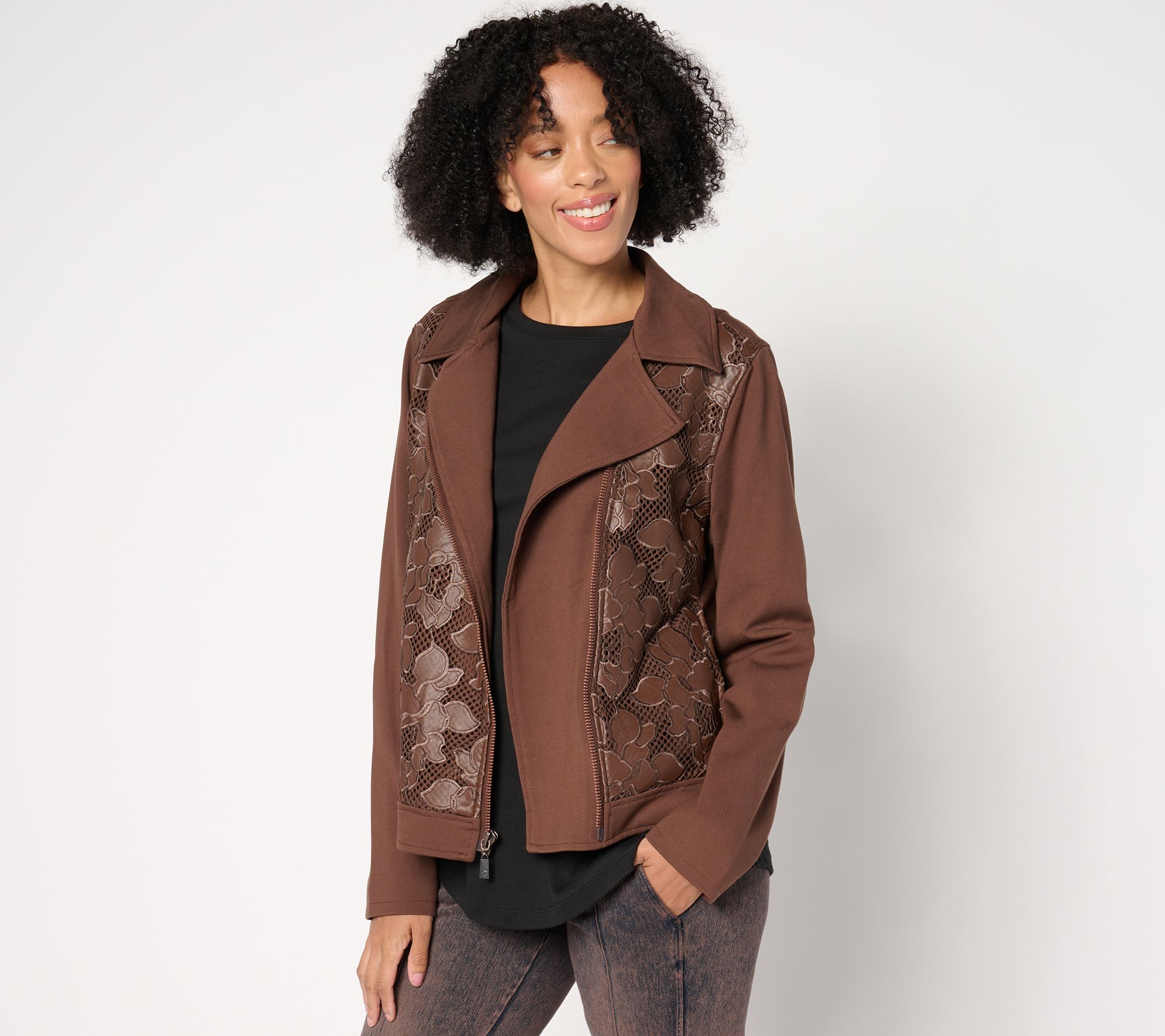 "As Is" Women with Control Ponte Royal And Lace Moto Jacket