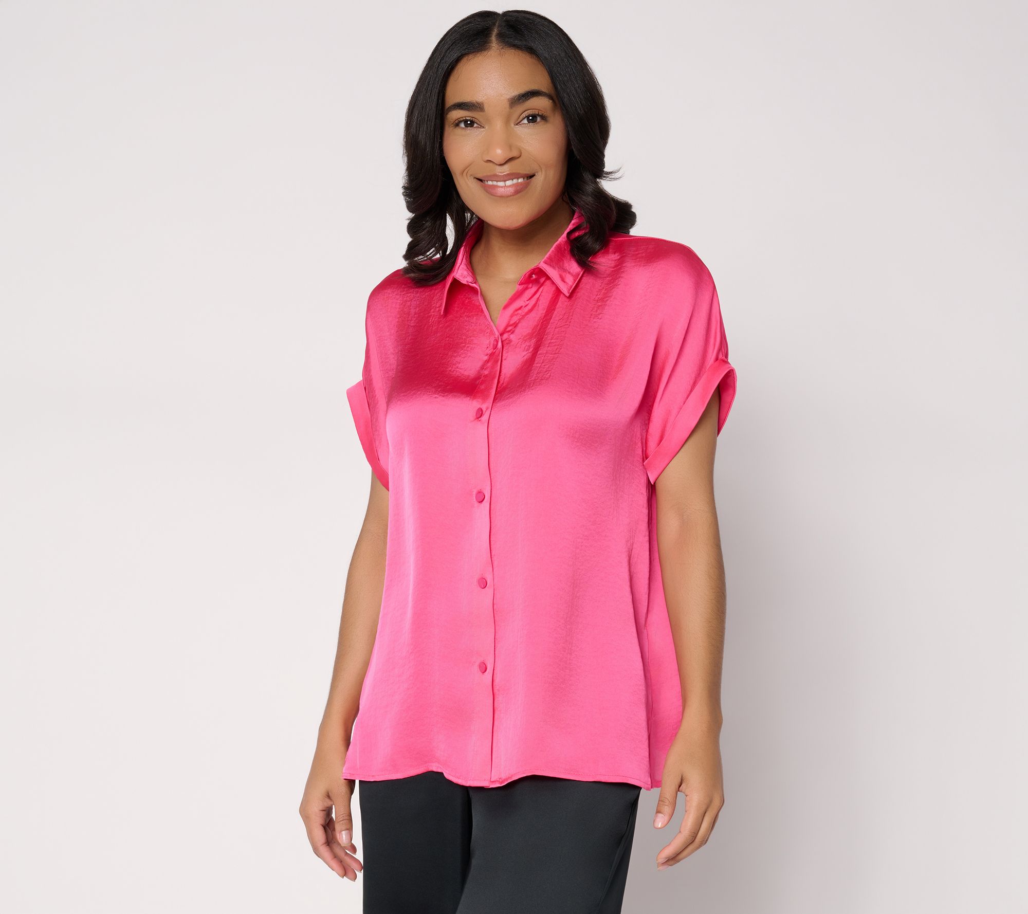 Dennis Basso Woven Camp Shirt with Rolled Sleeves