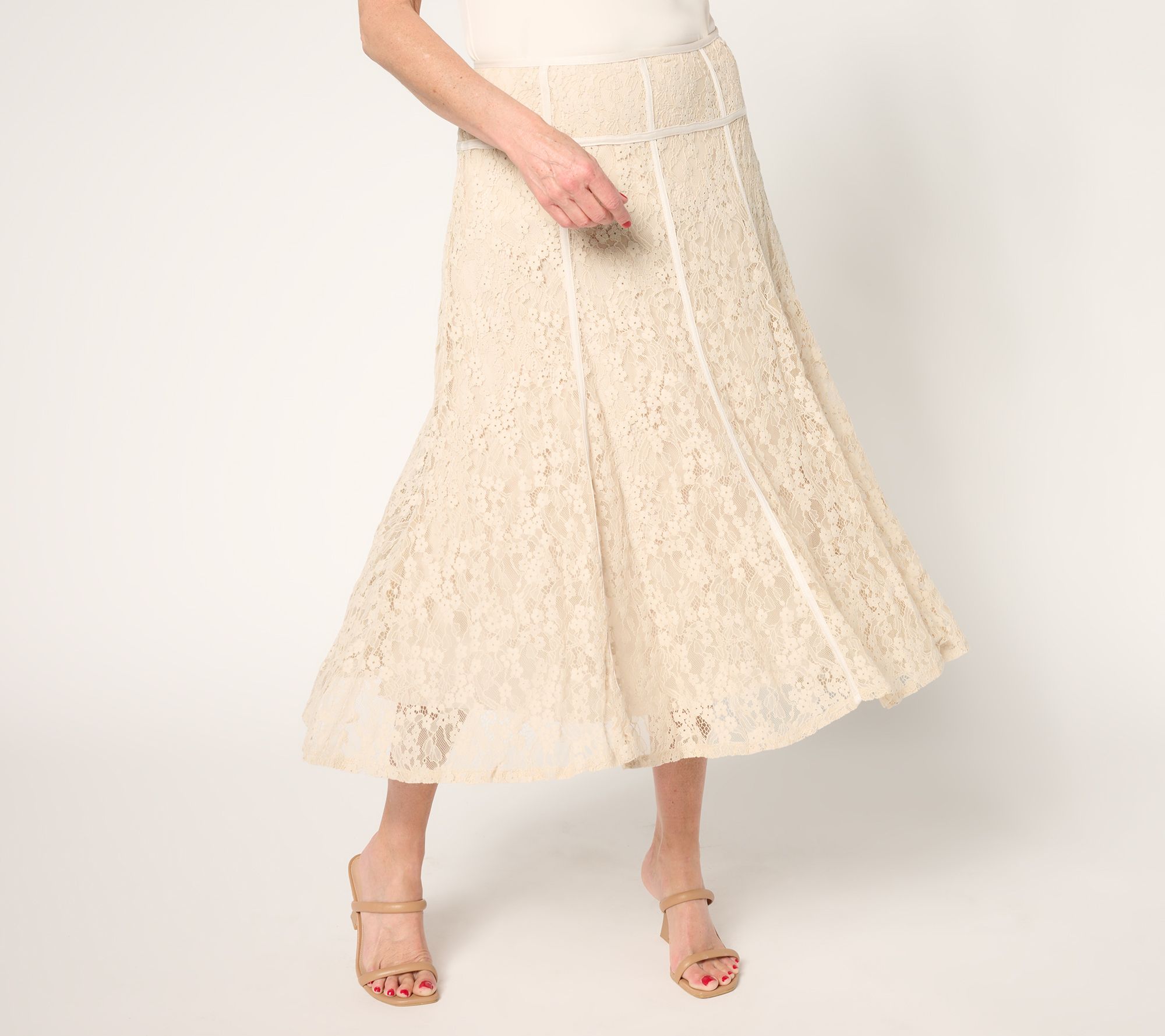 Susan Graver Occasions Petite Lace Midi Skirt w/ Piping Detail