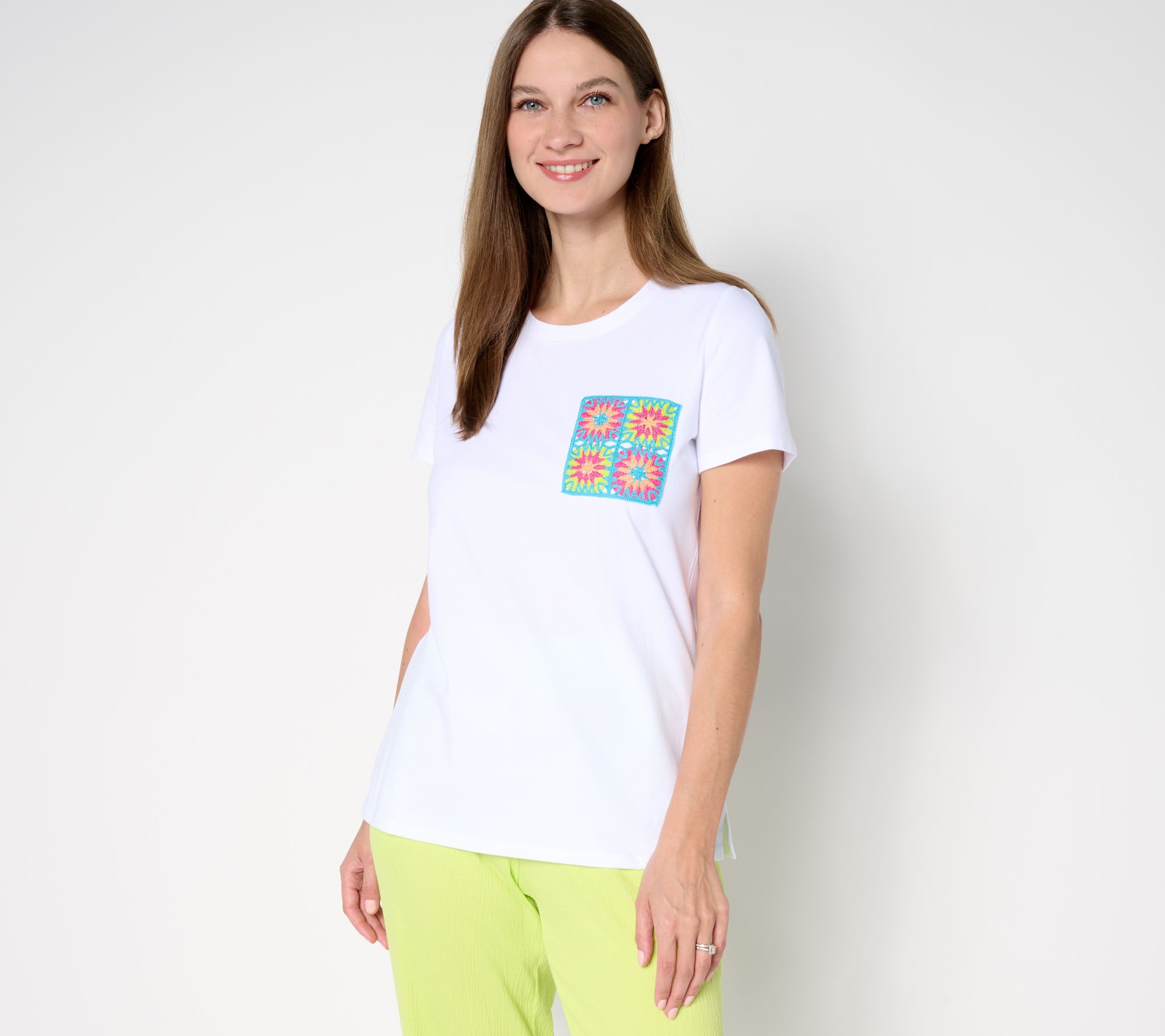 Belle by Kim Gravel Crochet Pocket Short Sleeve Top