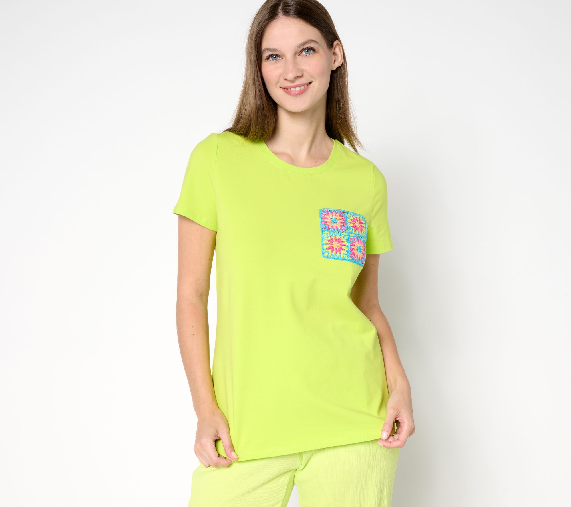 Belle by Kim Gravel Crochet Pocket Short Sleeve Top
