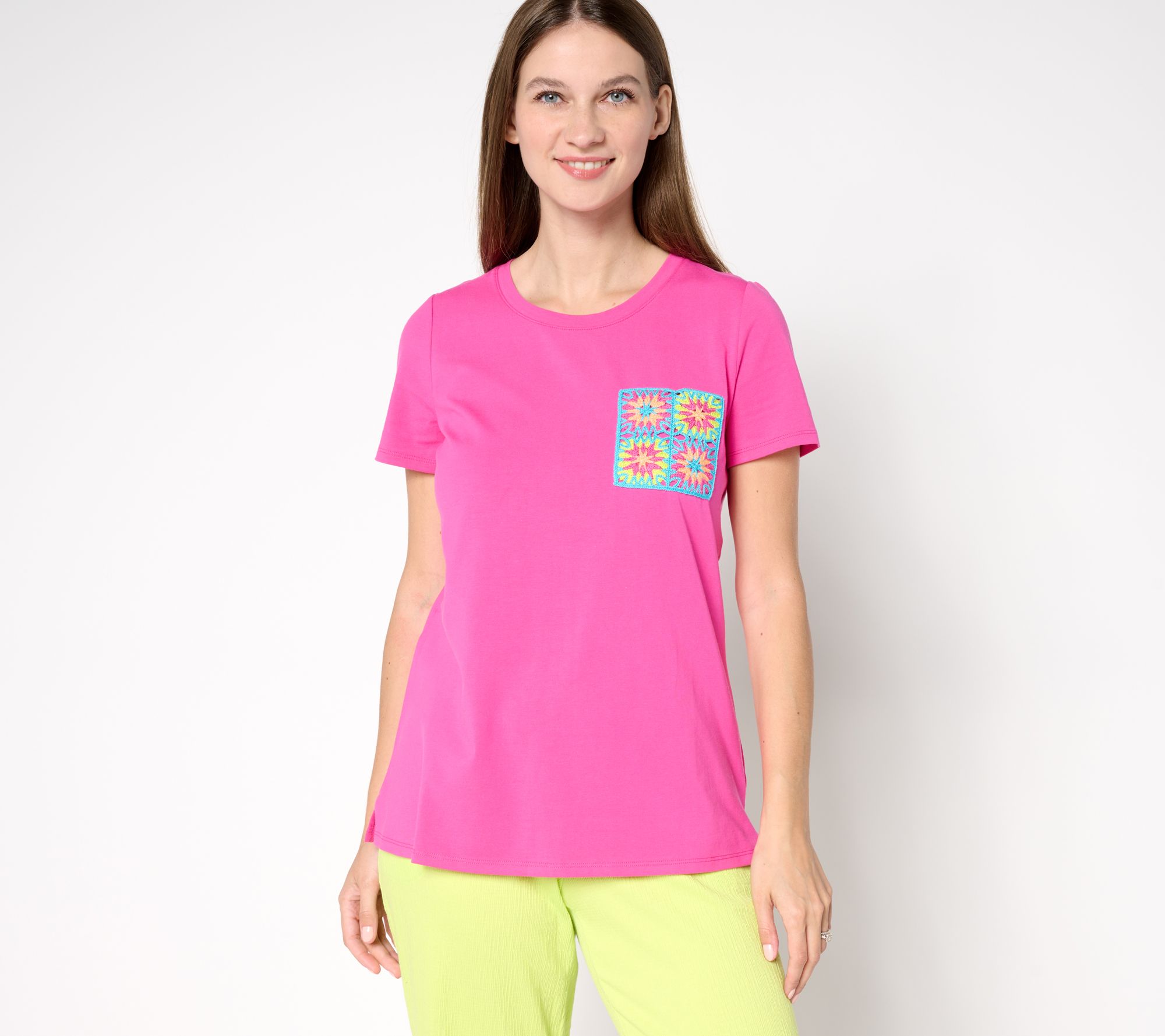 Belle by Kim Gravel Crochet Pocket Short Sleeve Top