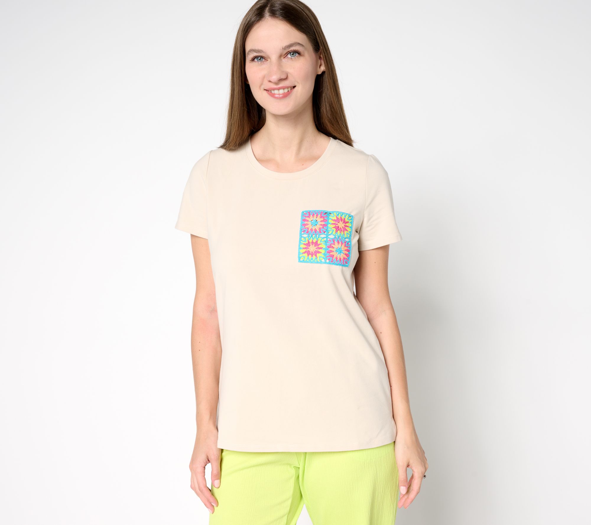 Belle by Kim Gravel Crochet Pocket Short Sleeve Top