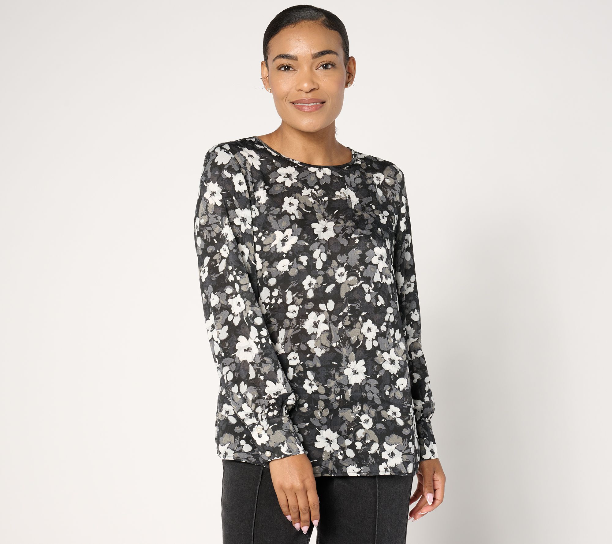 "As Is" BEAUTIFUL by Lawrence Zarian Pearl Embellish Printed Blouse