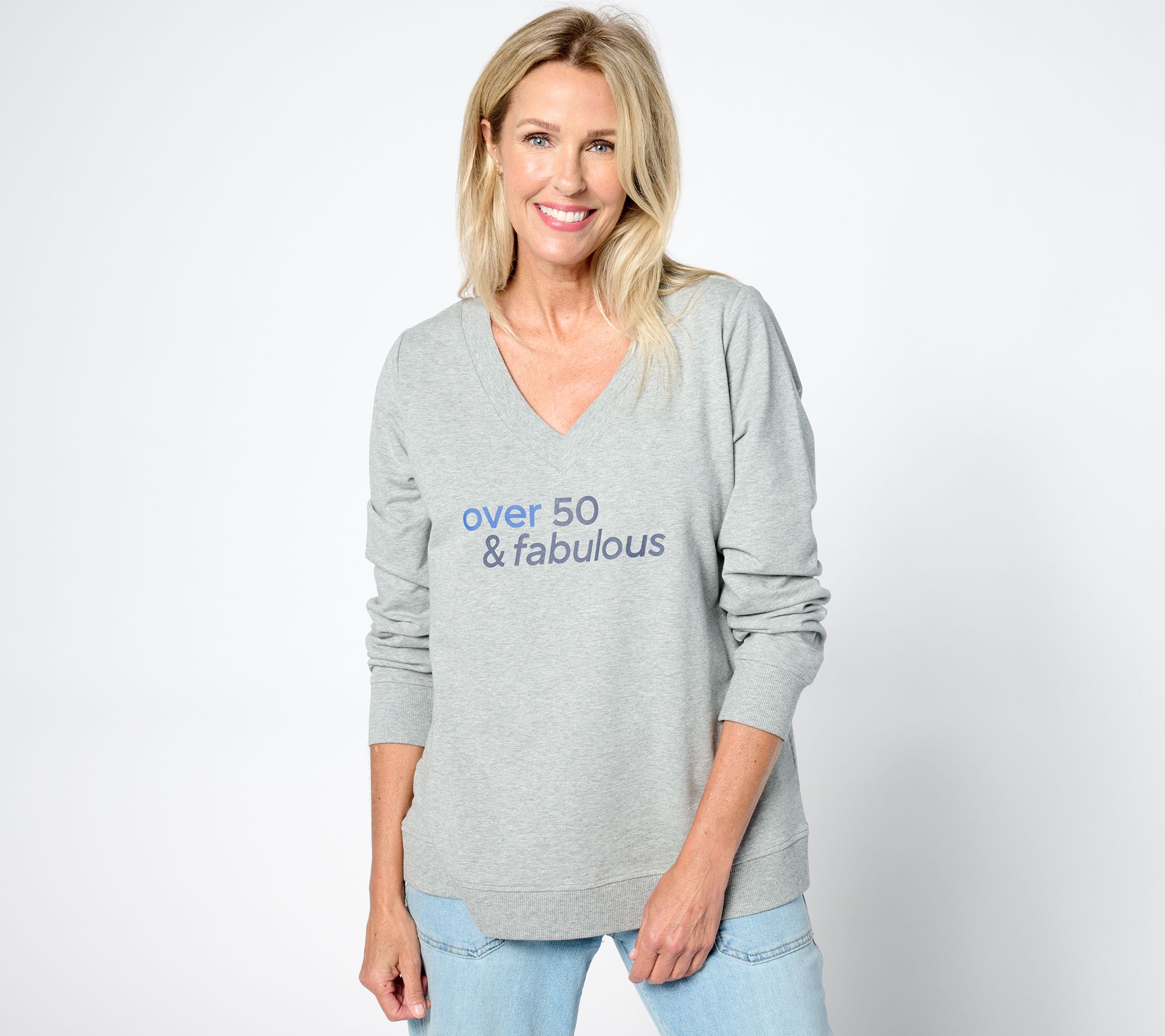 "As Is" Over 50 and Fabulous V-Neck Long- Sleeve Graphic Sweatshirt