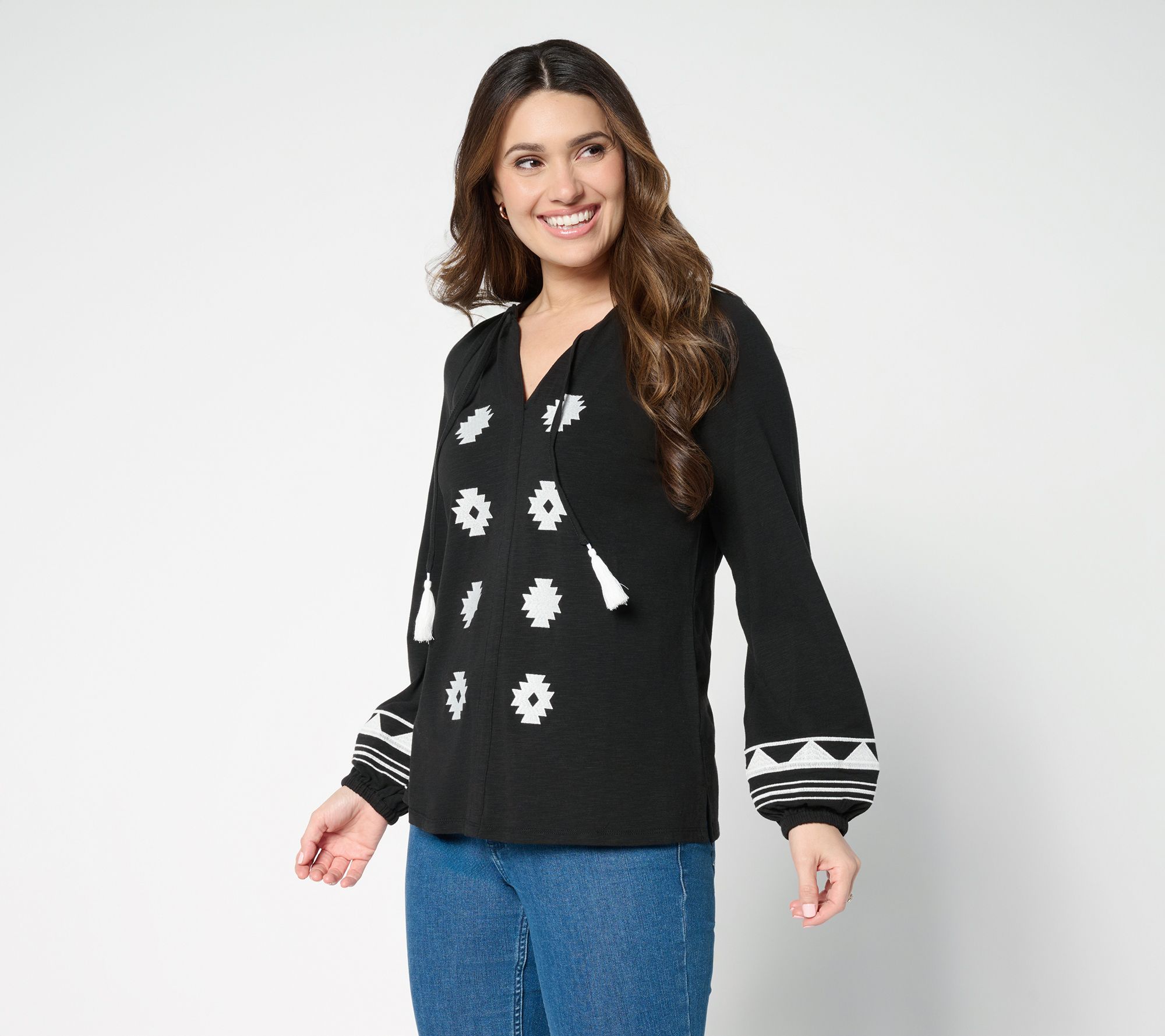 Belle Boho by Kim Gravel Slub Knit Embroidered Peasant Top