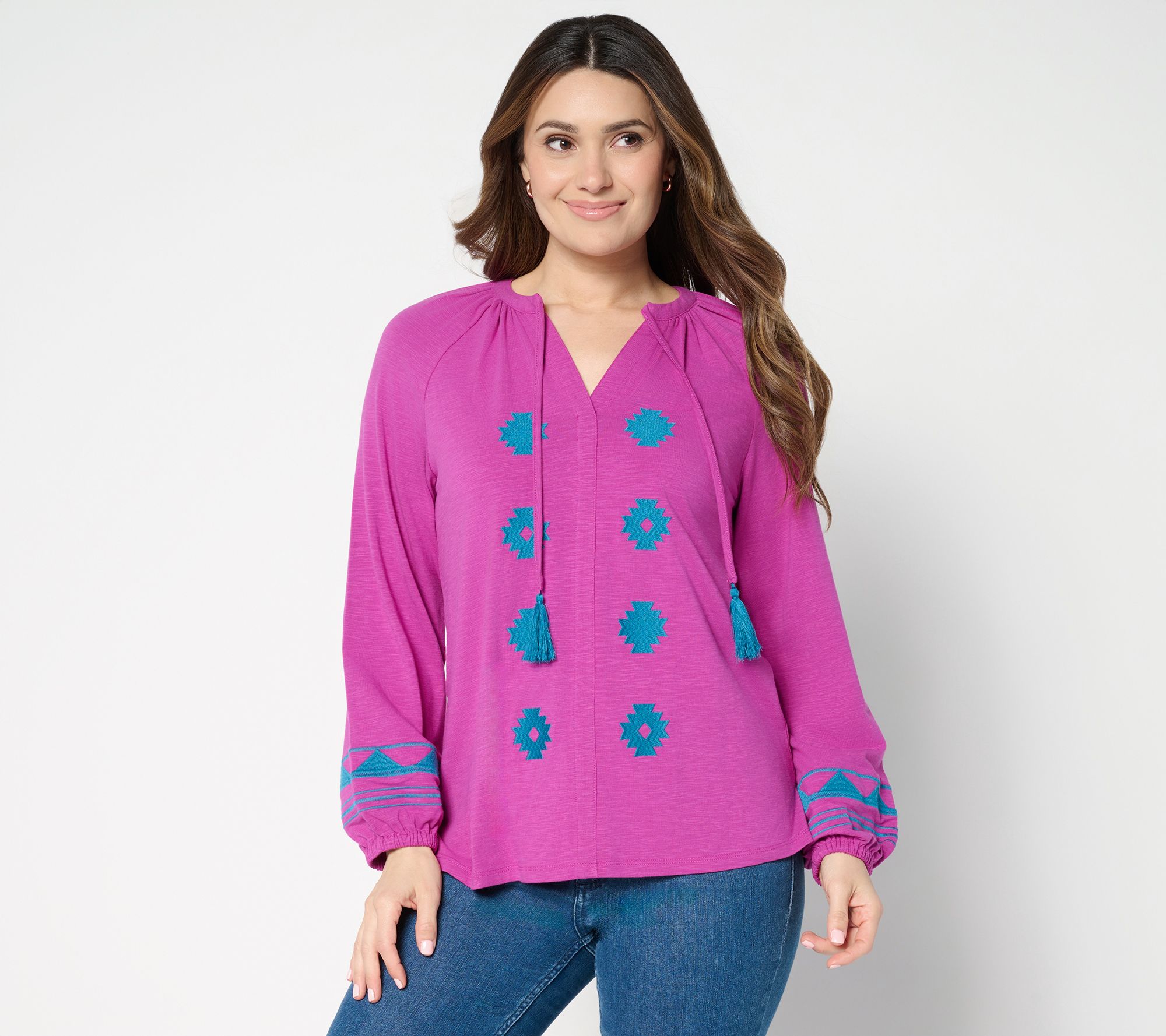 Belle Boho by Kim Gravel Slub Knit Embroidered Peasant Top