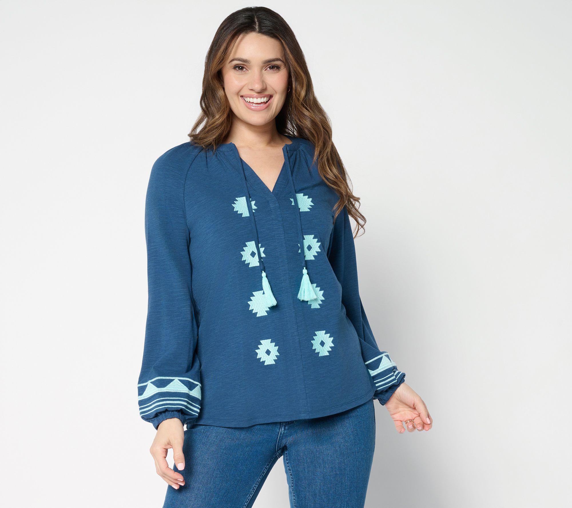 Belle Boho by Kim Gravel Slub Knit Embroidered Peasant Top
