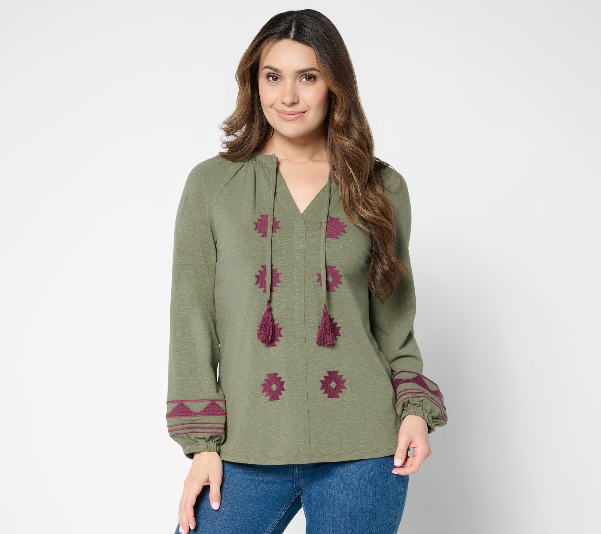 Belle Boho by Kim Gravel Slub Knit Embroidered Peasant Top