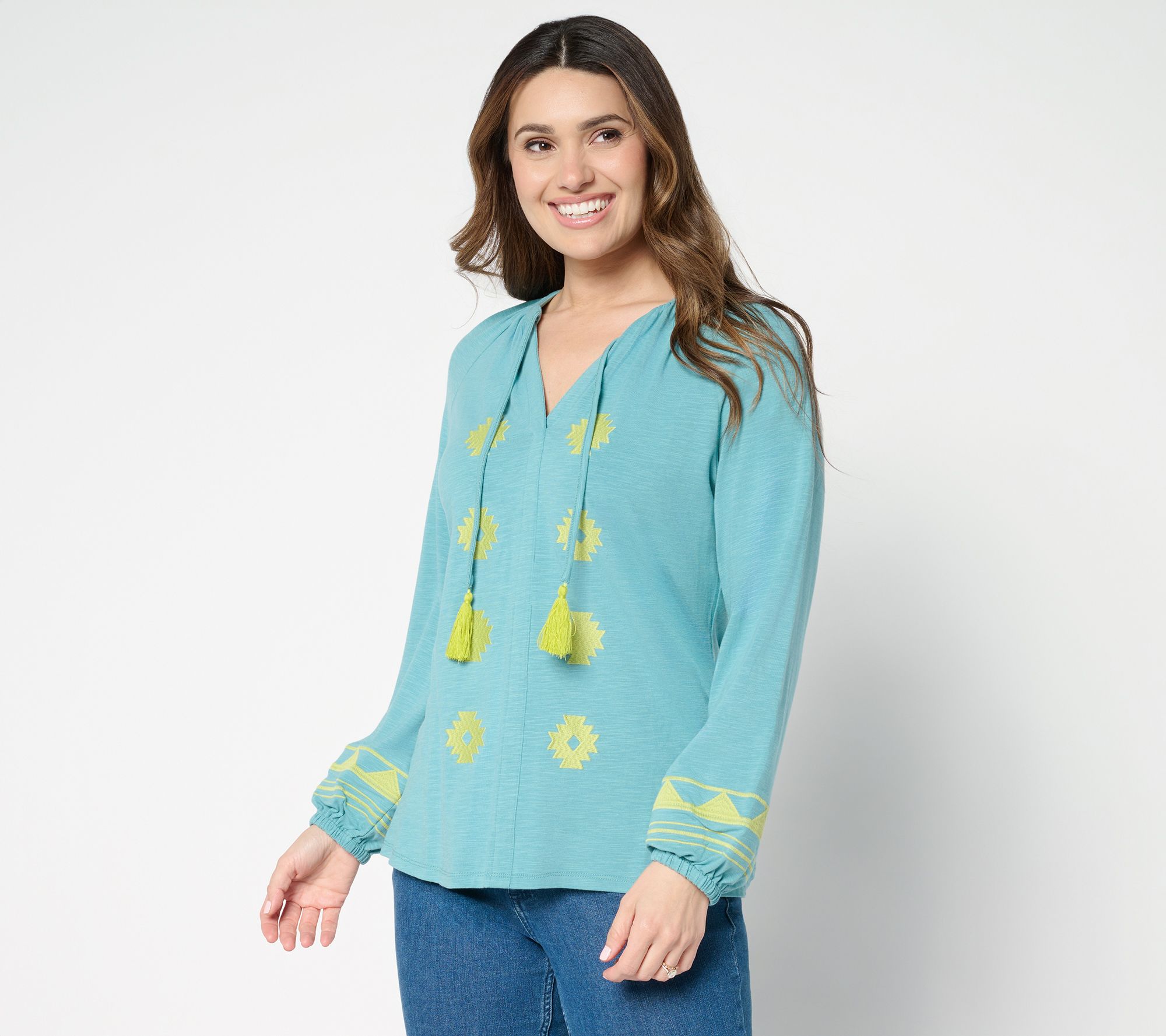 Belle Boho by Kim Gravel Slub Knit Embroidered Peasant Top