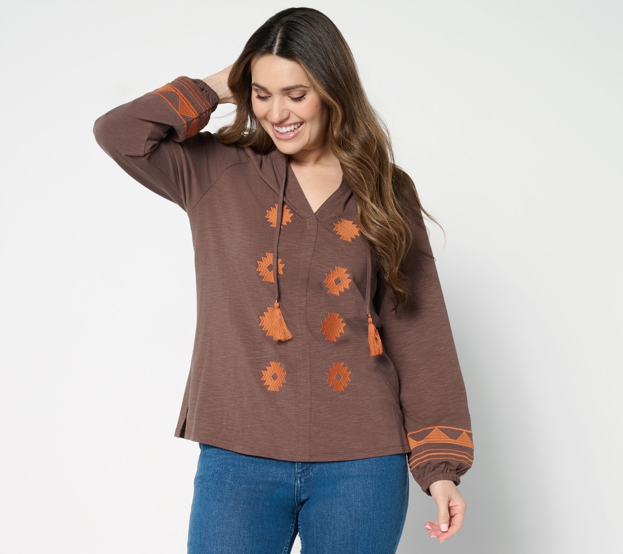 Belle Boho by Kim Gravel Slub Knit Embroidered Peasant Top