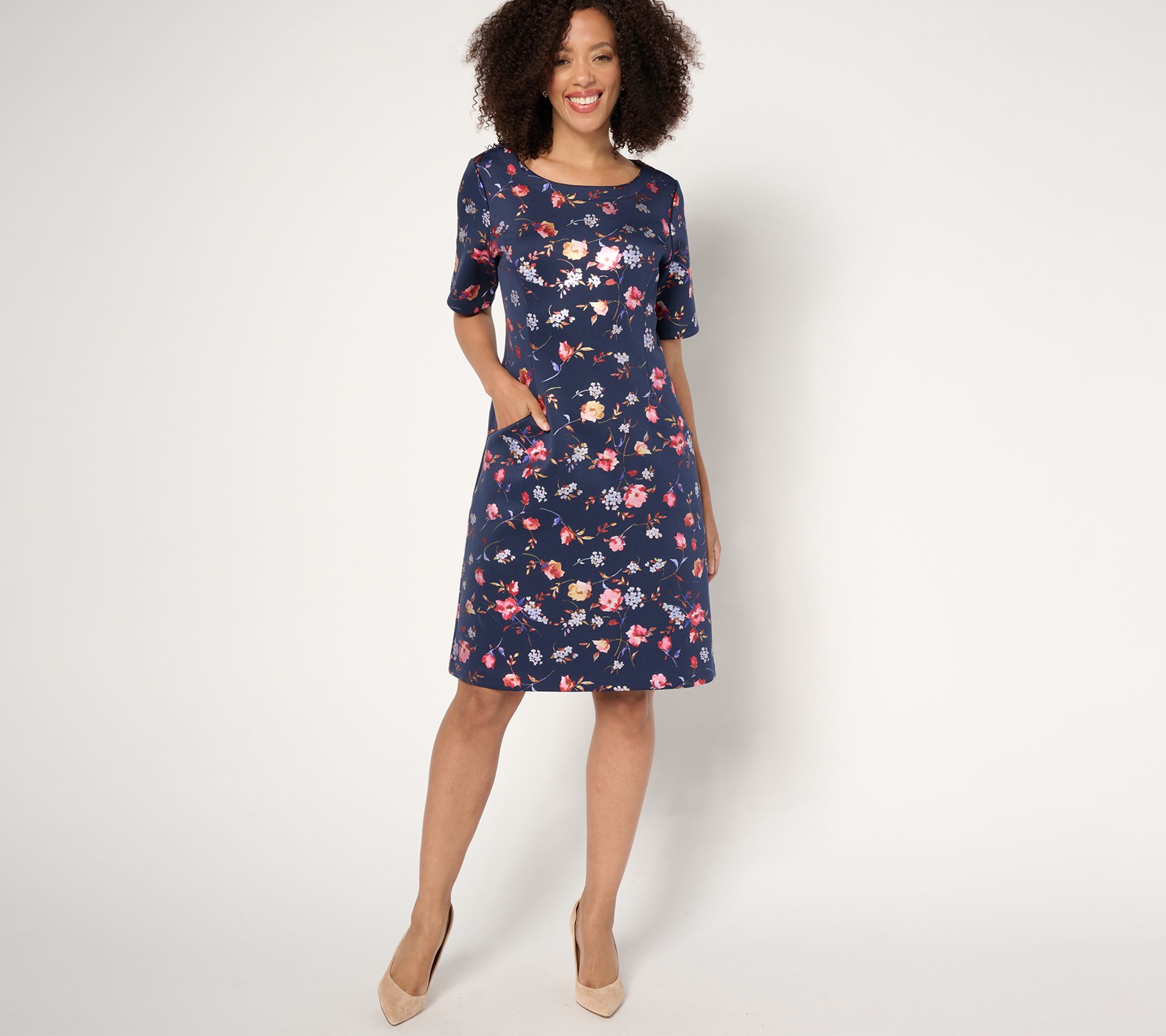 "As Is" Isaac Mizrahi Live! Petite Scuba Foil Printed Shift Dress