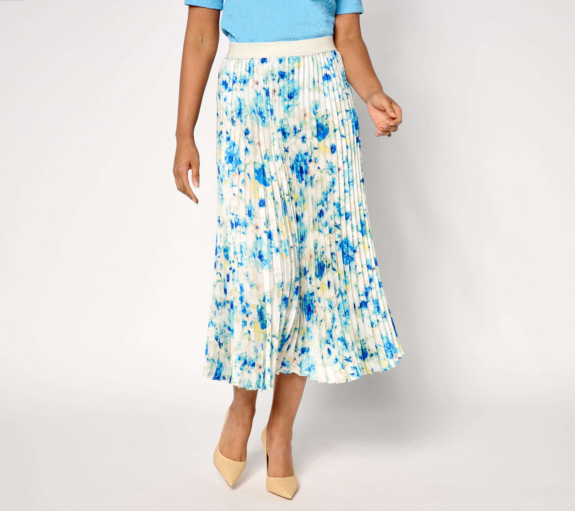 "As Is" Susan Graver Regular Printed Satin Twill Pleated Midi Skirt