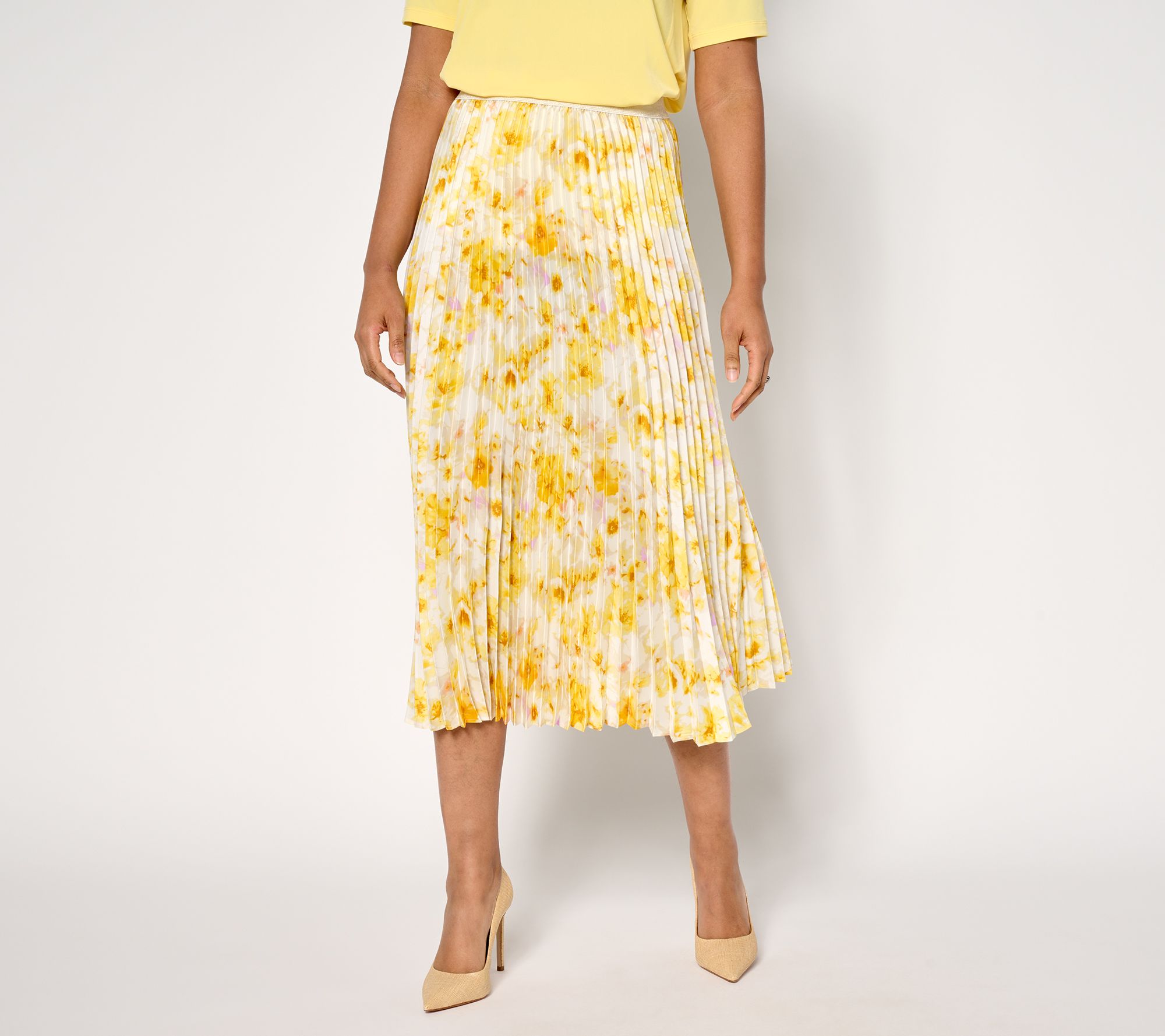 "As Is" Susan Graver Regular Printed Satin Twill Pleated Midi Skirt
