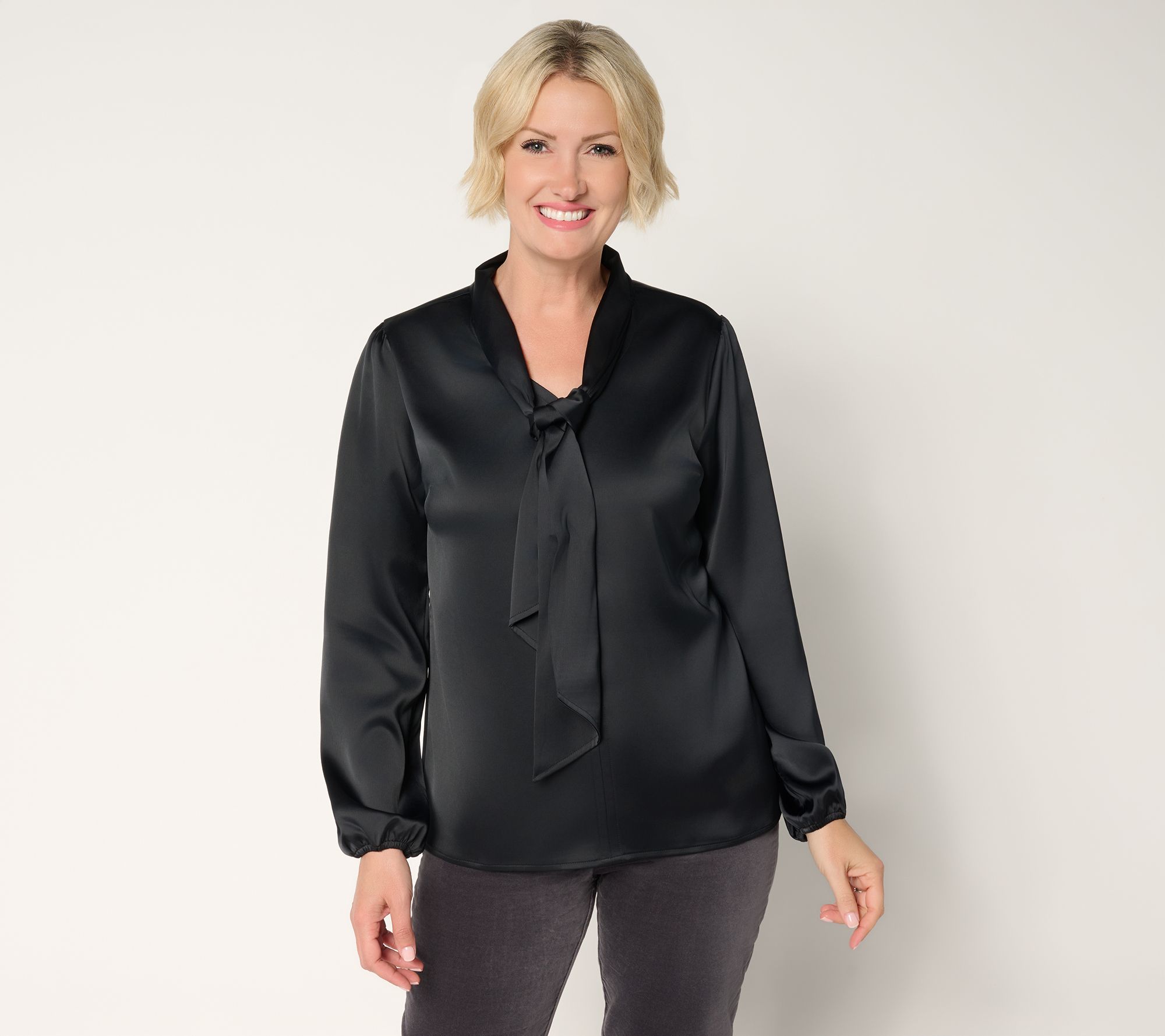 Denim & Co. Long Sleeve Popover Blouse with Neck Detail