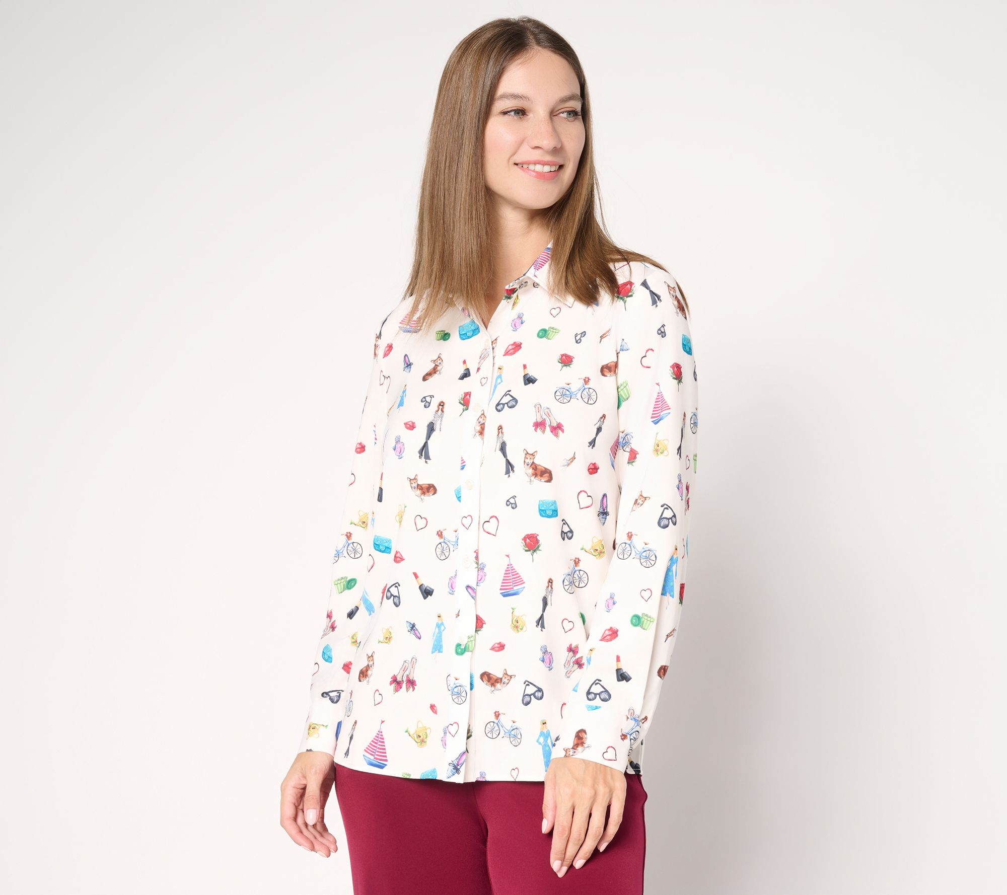 Susan Graver Printed Stretch Peachskin Button-Front Shirt