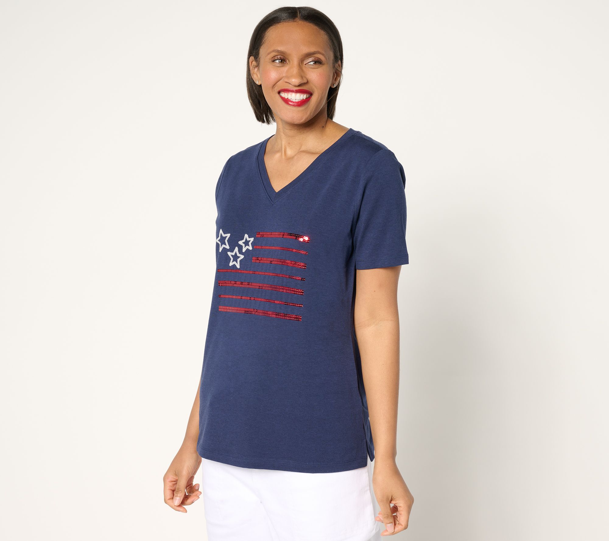 "As Is" Denim & Co. Americana Favorite Jersey Sequin Flag V-Neck Top
