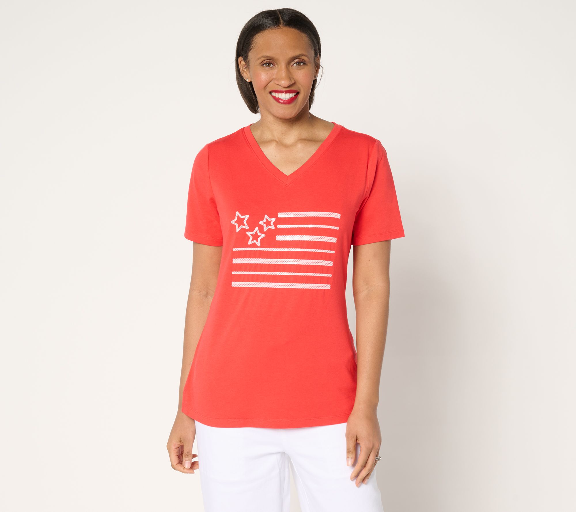"As Is" Denim & Co. Americana Favorite Jersey Sequin Flag V-Neck Top