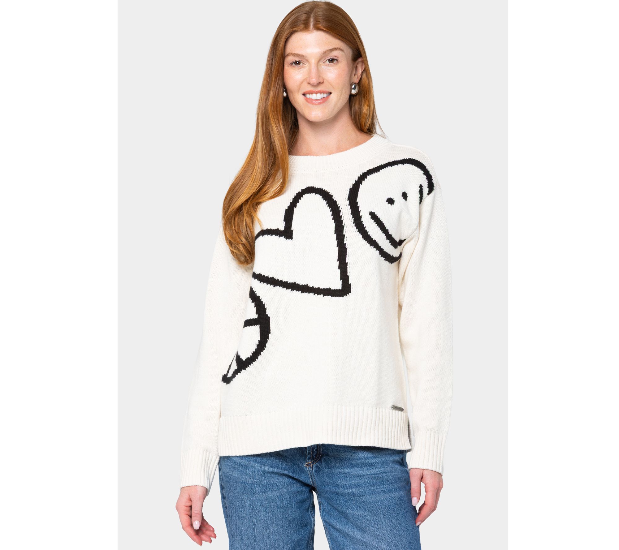 Peace Love World Motif Intarsia Pullover Sweater