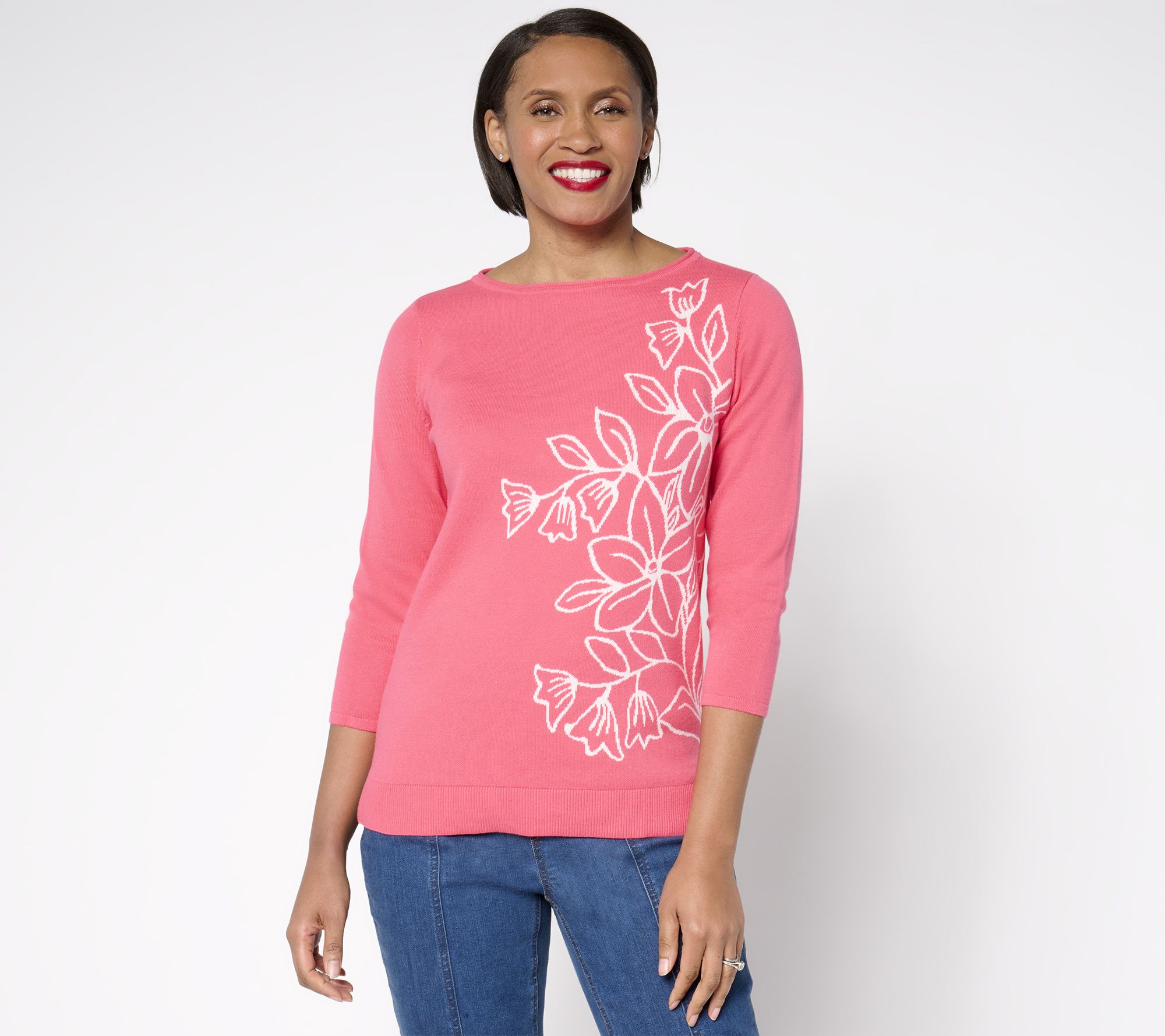 "As Is" Belle by Kim Gravel Read My Tulips Floral Jacquard Cotton Sweater
