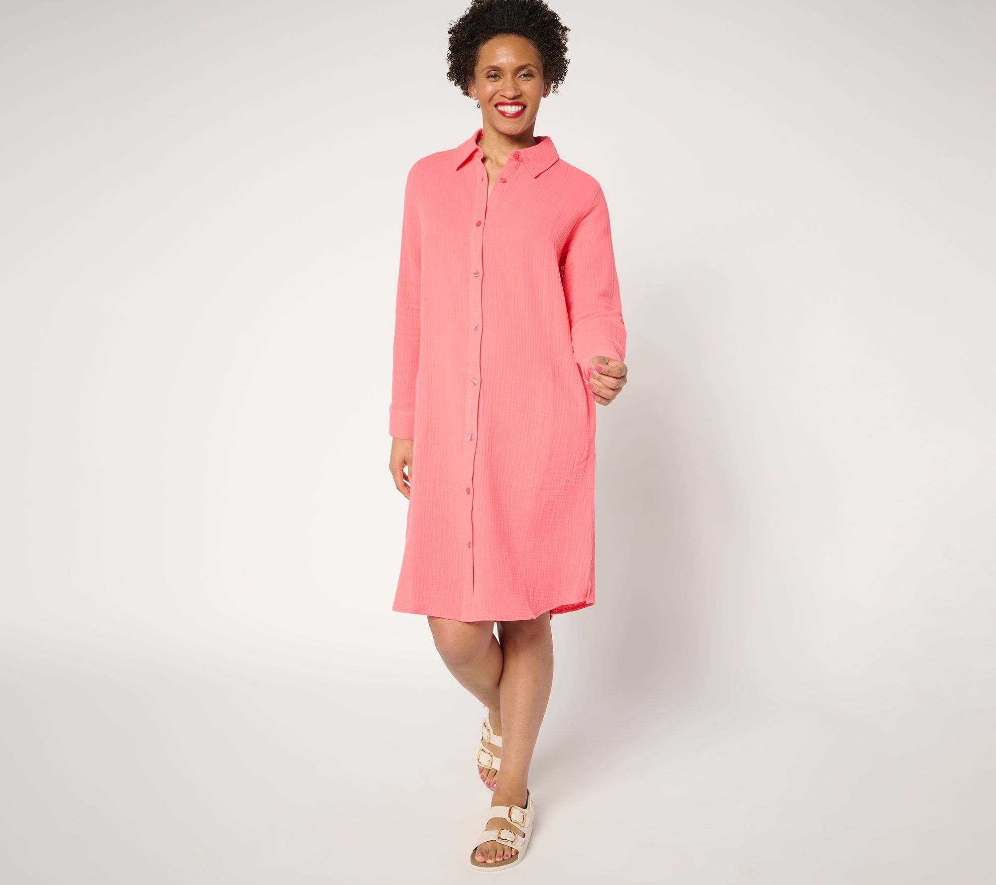 "As Is" Denim & Co. Beach Reg Cotton Gauze Button Front Dress Cover-Up