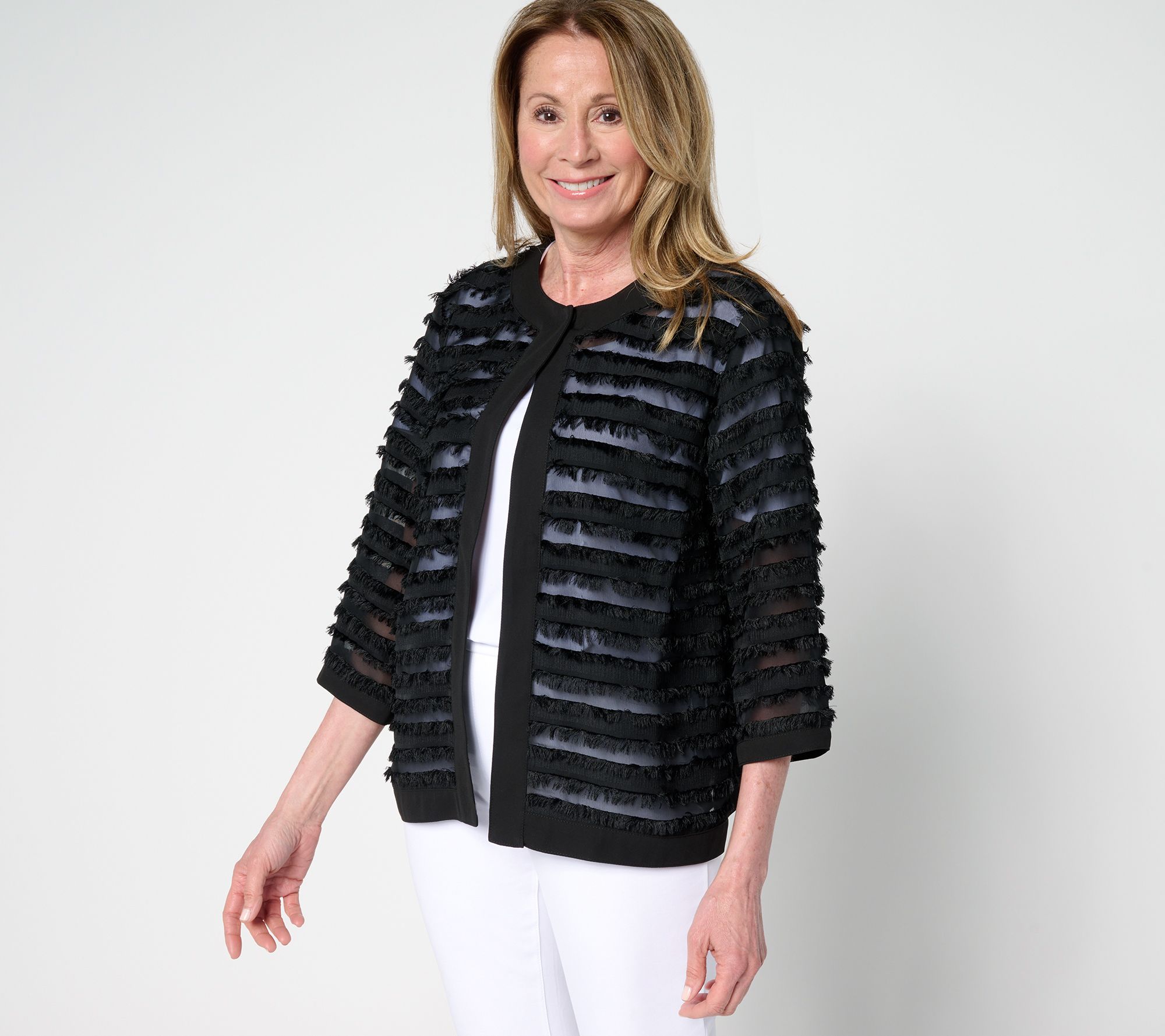 "As Is" Susan Graver Eyelash Jacquard Woven 3/4 Sleeve Cardigan
