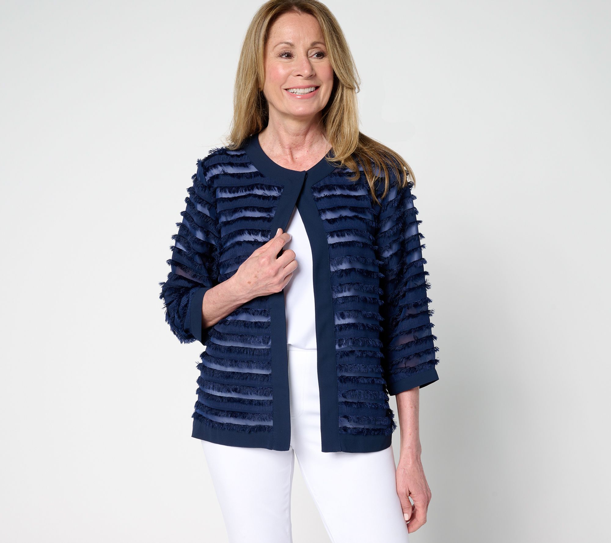 "As Is" Susan Graver Eyelash Jacquard Woven 3/4 Sleeve Cardigan
